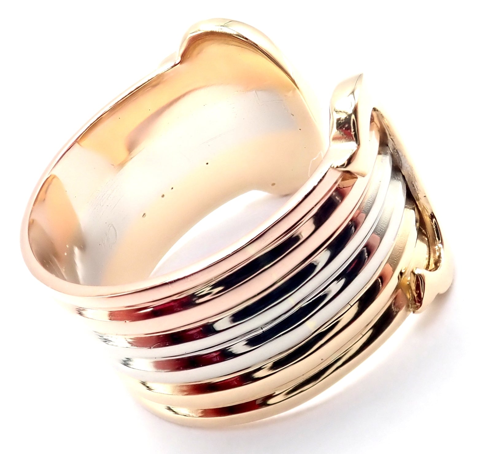 Authentic! Cartier 18k Tri-Color Gold Double C Band Ring Size 4.5 | Fortrove