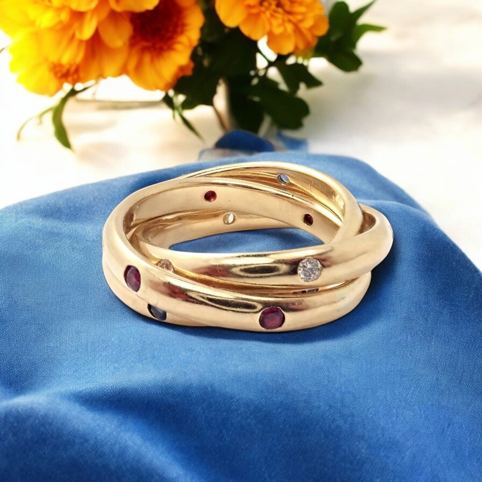 Cartier Jewelry & Watches:Fine Jewelry:Rings Authentic! Cartier 18k Yellow Gold Ruby Sapphire Diamond Trinity Band Ring 1995