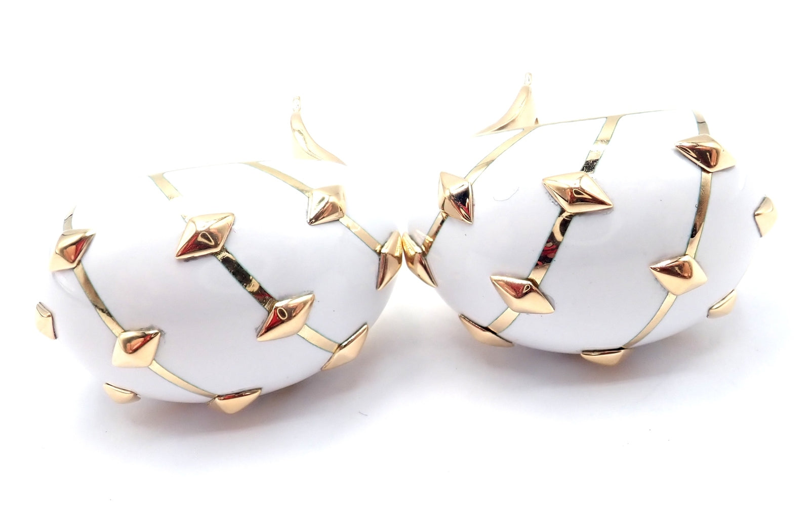 Tiffany & Co Schlumberger Dot Losange 18k Yellow Gold White Enamel Hoop Earrings | Fortrove