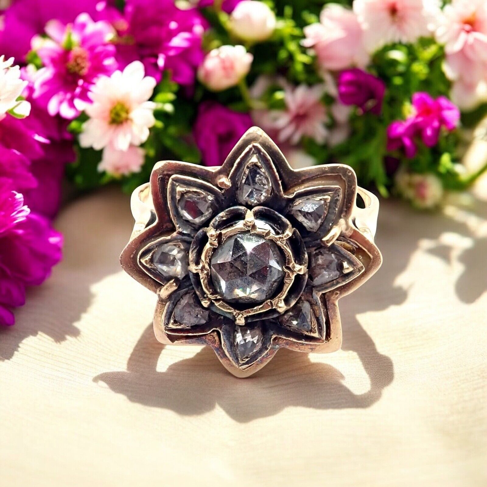 Vintage! Karl Faberge 18k Yellow Gold Rose Cut Diamond Flower Ring | Fortrove