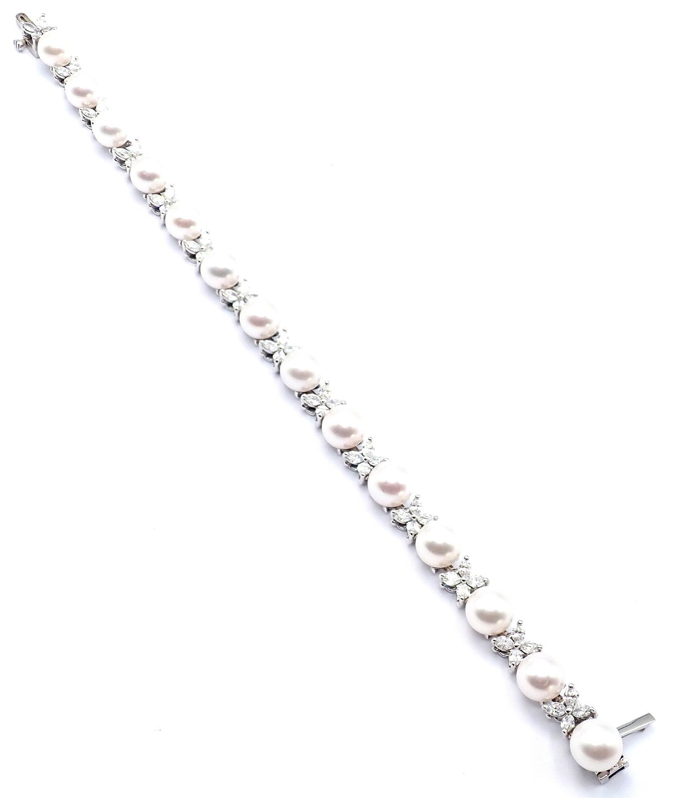 Tiffany & Co Victoria Platinum Diamond Akoya Cultured Pearl Line Tennis Bracelet | Fortrove