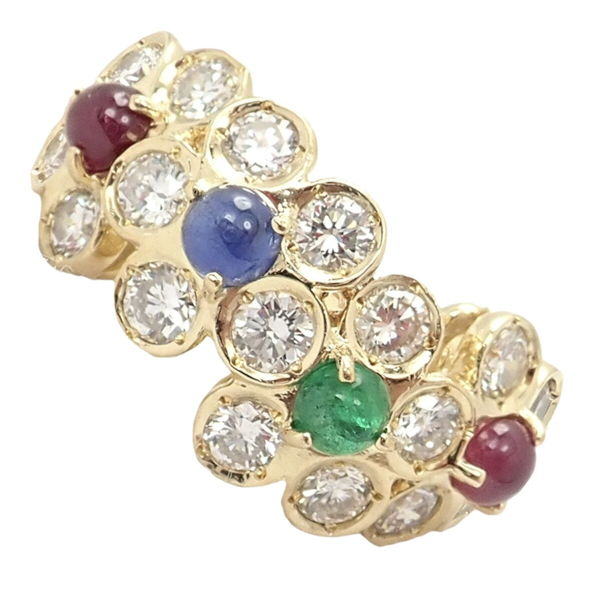 Rare! Authentic Christian Dior 18k Yellow Gold Ruby Emerald Diamond Flower Ring | Fortrove