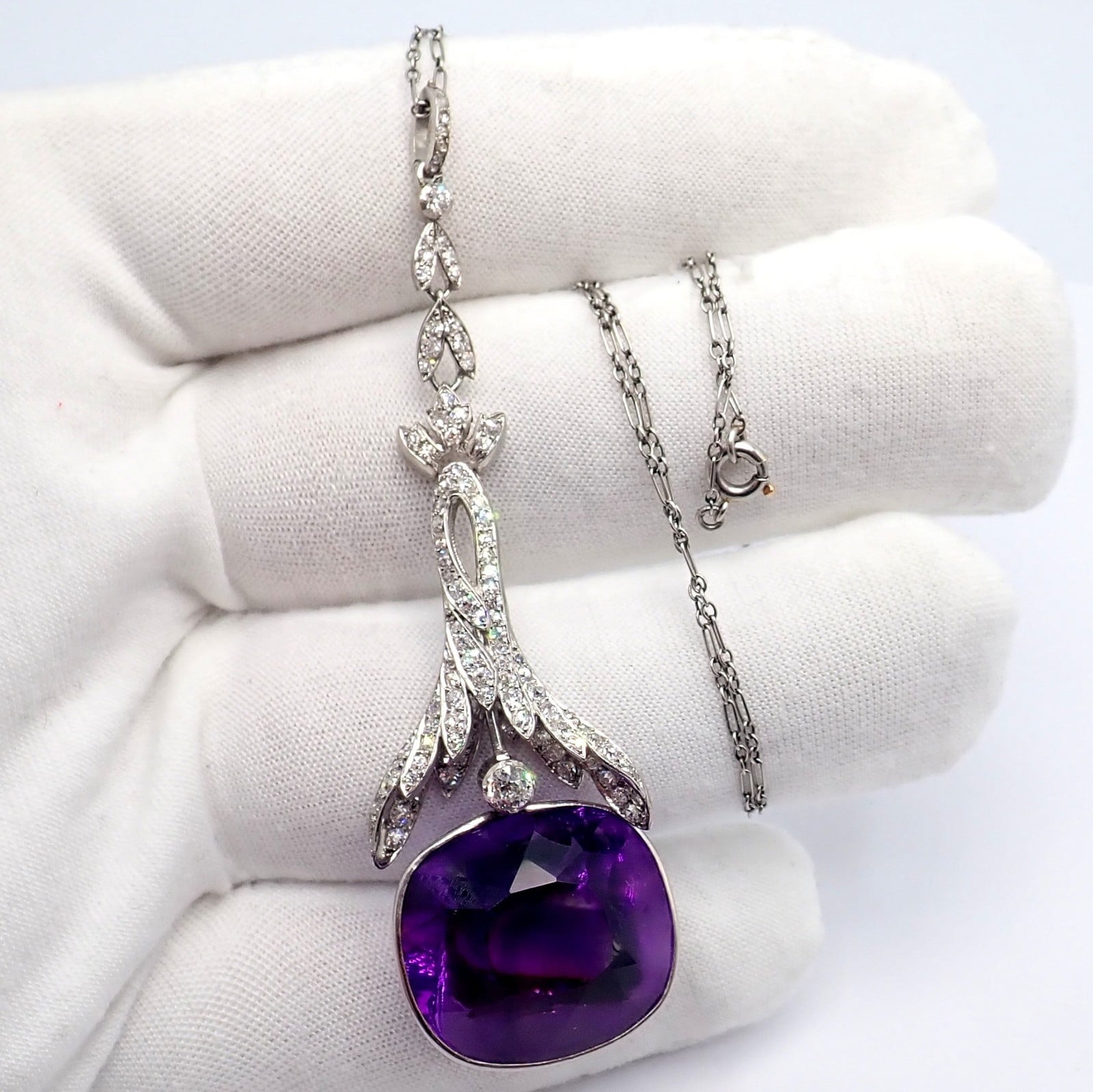 Estate Jewelry & Watches:Fine Jewelry:Necklaces & Pendants Vintage Estate Platinum Diamond Large Amethyst Art Deco Necklace