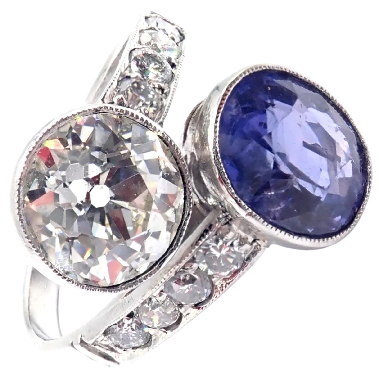 Estate Jewelry & Watches:Vintage & Antique Jewelry:Rings Vintage Estate Platinum Diamond Sapphire Art Deco Crossover Ring