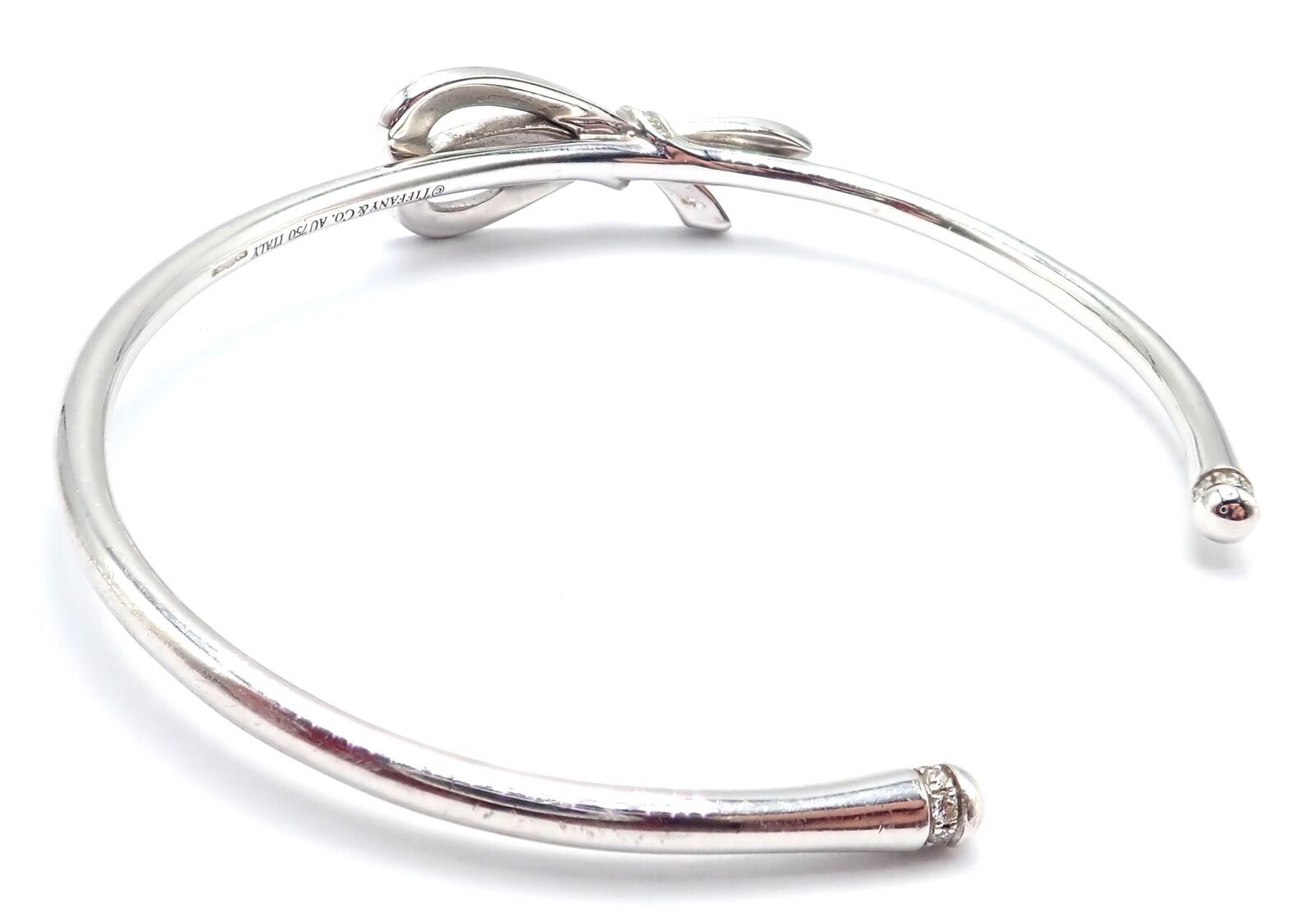Authentic! Tiffany & Co 18k White Gold Diamond Bow Ribbon Bangle Cuff Bracelet | Fortrove