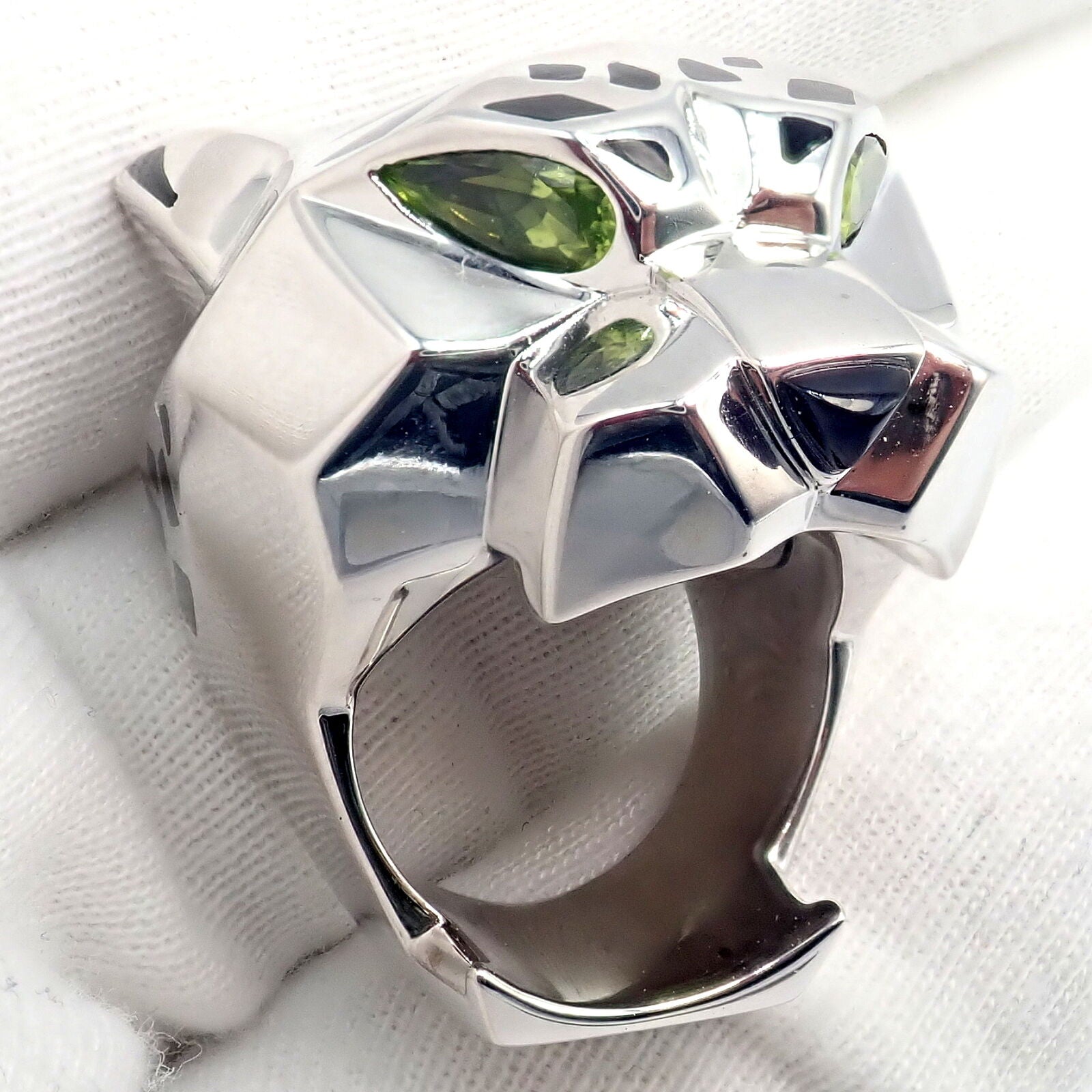 Cartier Panther Panthere 18k White Gold Peridot Onyx Lacquer Large Ring Cert | Fortrove