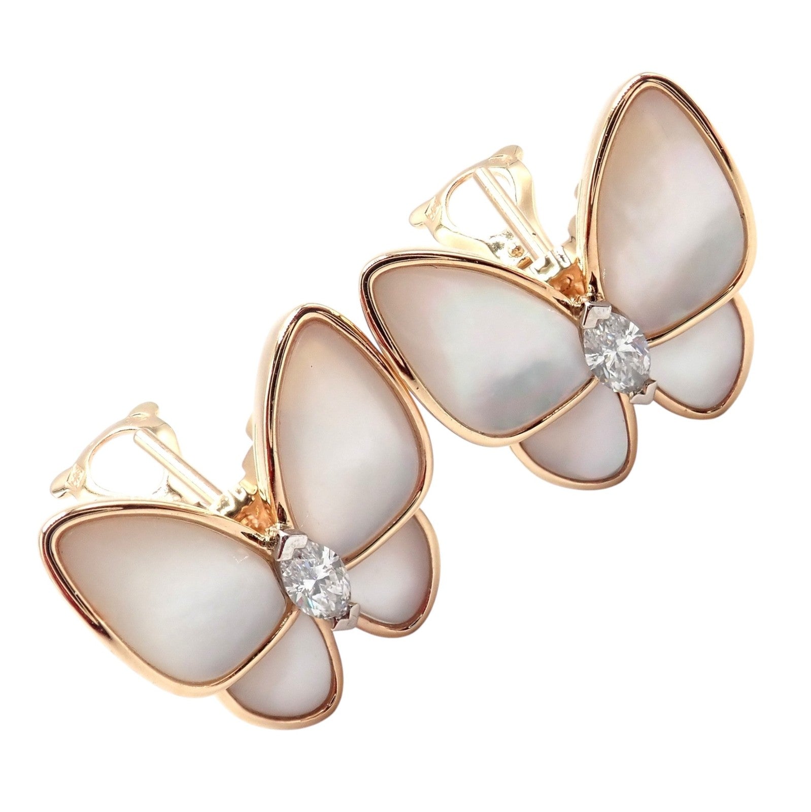 Van Cleef & Arpels 18k Rose Gold Diamond MoP Two Butterfly Earrings Cert | Fortrove