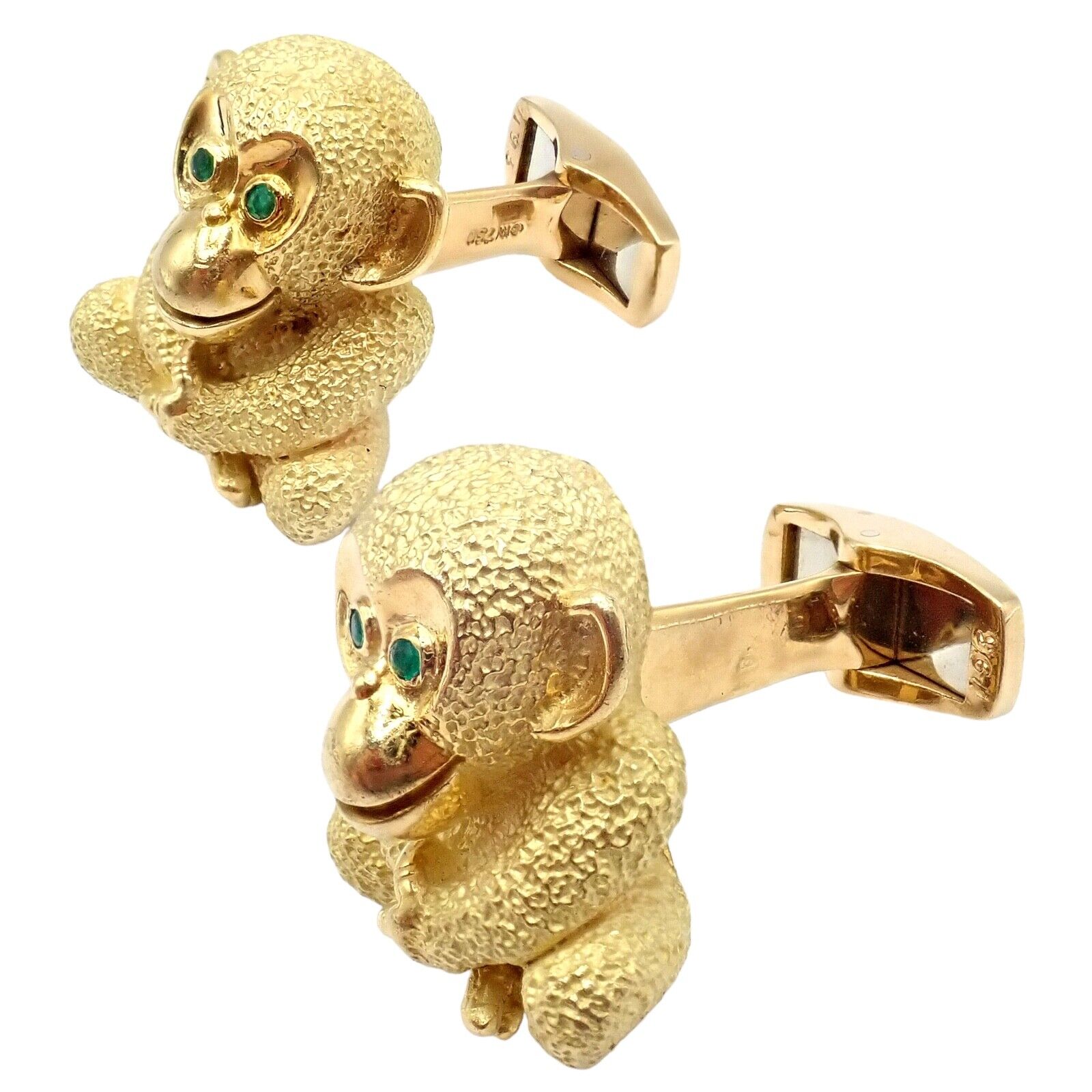 Authentic Kurt Wayne 18k Yellow Gold Emerald Whimsical Monkey Cufflinks | Fortrove