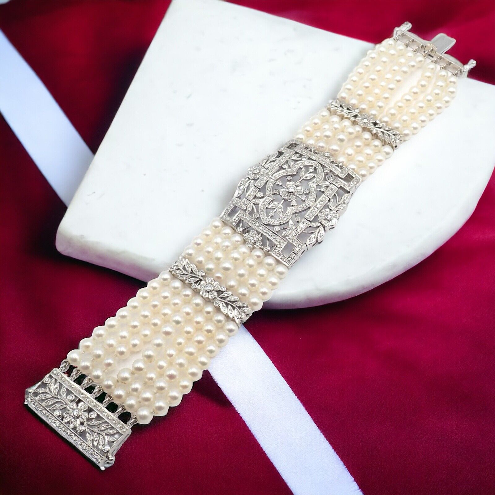 Vintage Estate 18k White Gold Diamond 7 Row 4.5mm Pearl Bracelet | Fortrove