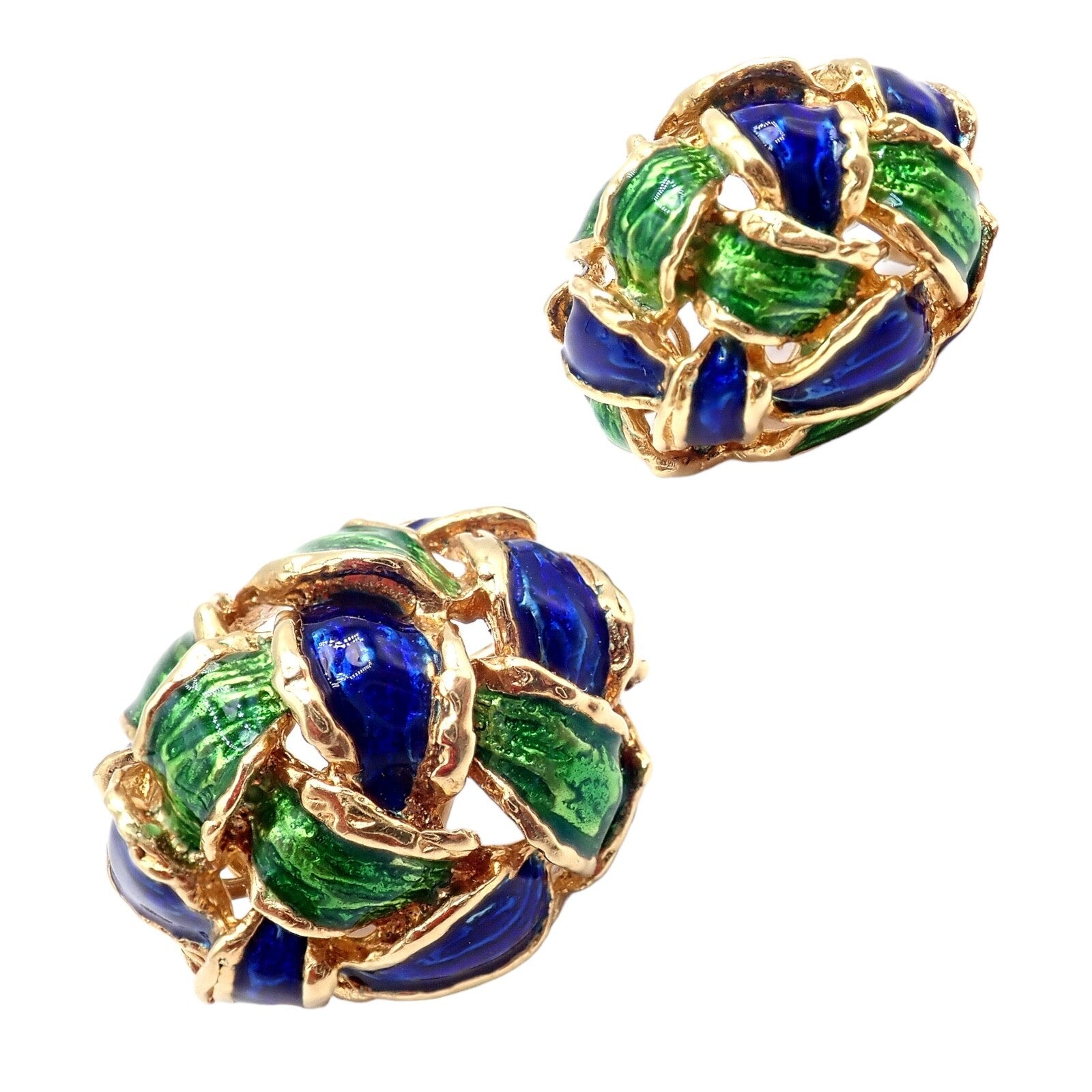 Vintage Tiffany & Co Green Blue Enamel 18k Yellow Gold Basket Weave Earrings | Fortrove