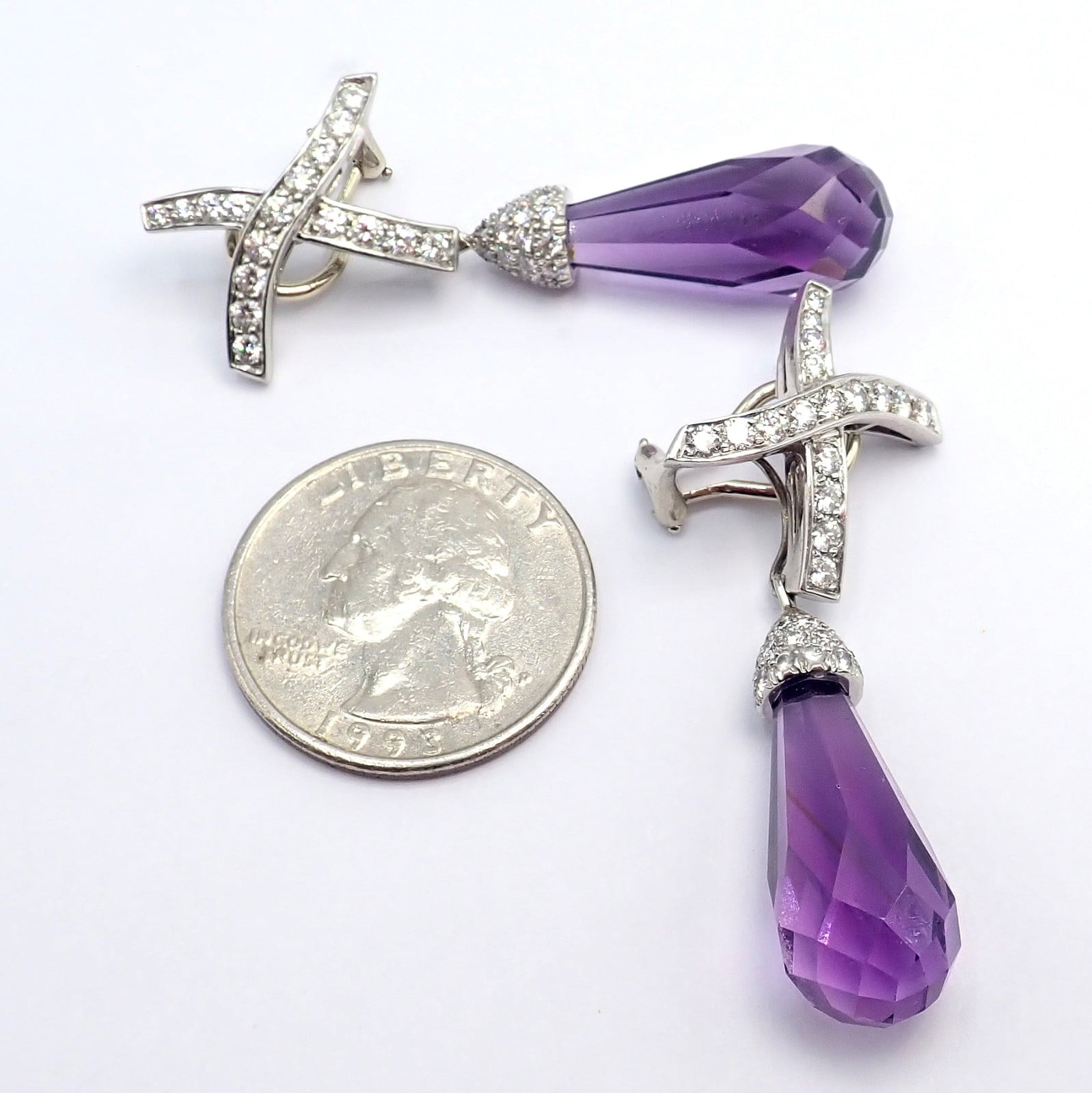 Tiffany & Co Picasso Platinum X Drop Diamond Amethyst Night + Day Earrings 1985 | Fortrove