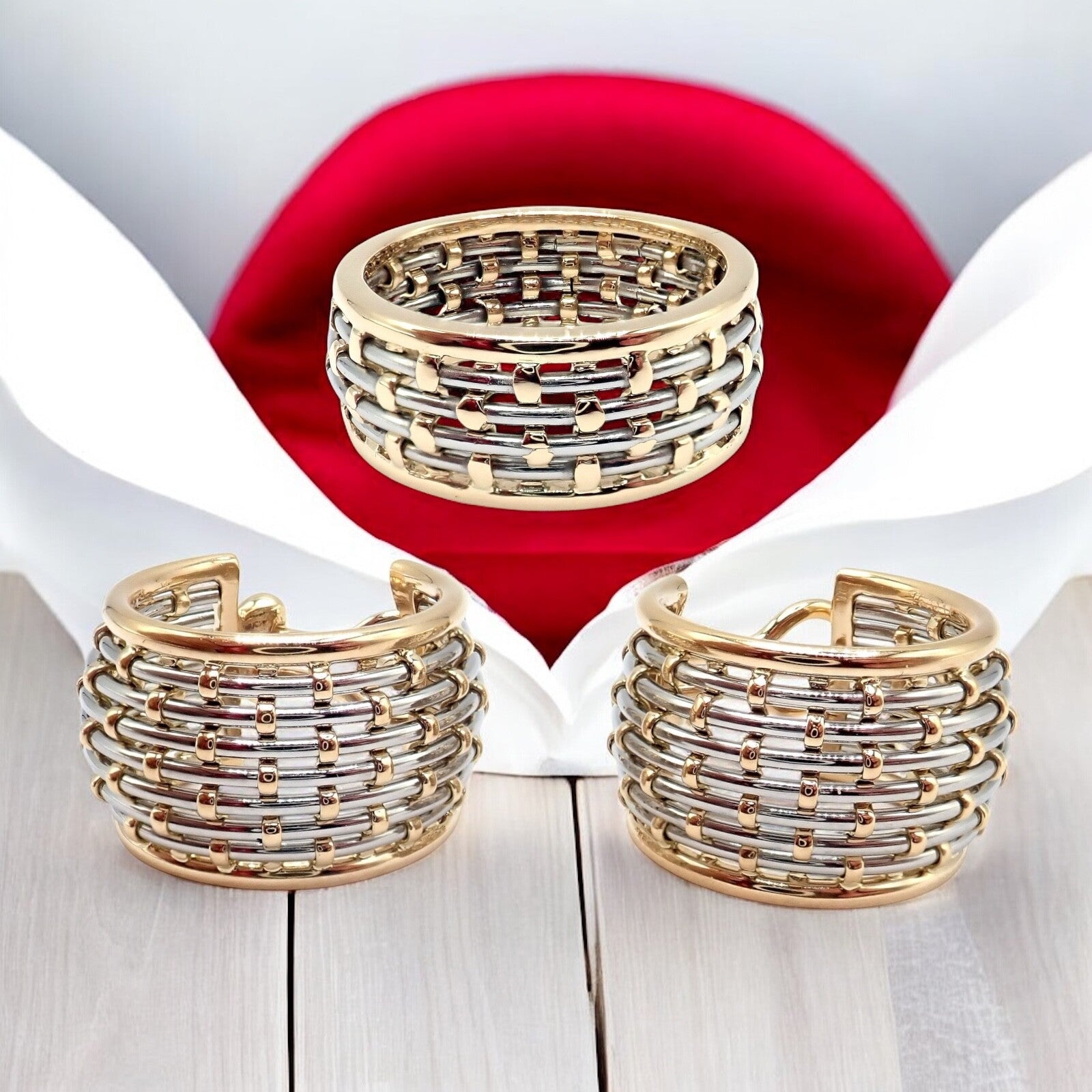 Authentic! Cartier 18k Yellow Gold + SS Basket Weave Ring + Earrings Set | Fortrove