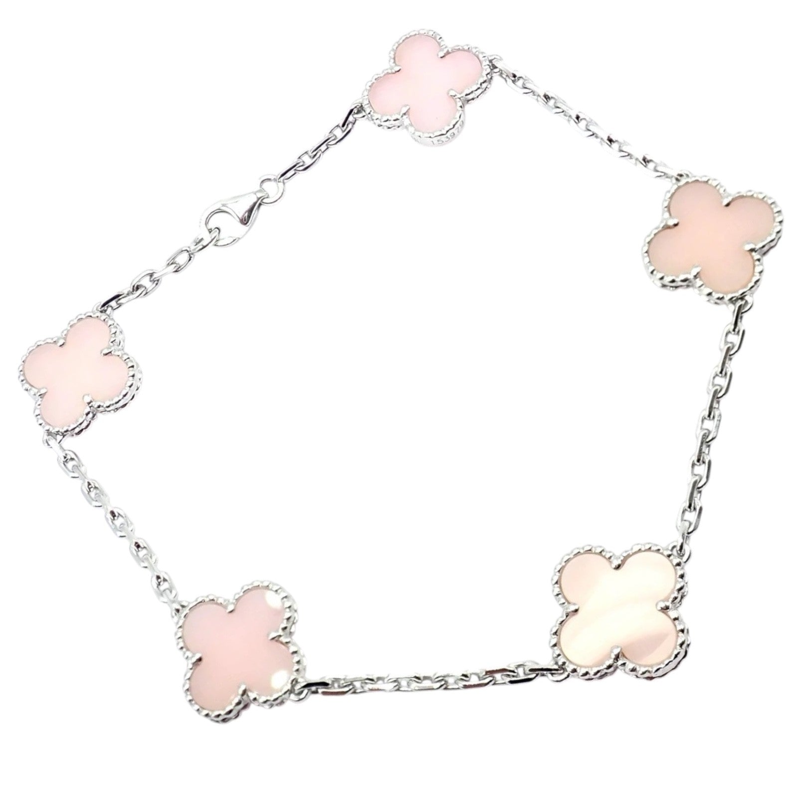 Authentic! Van Cleef & Arpels Alhambra 18k White Gold Pink Opal