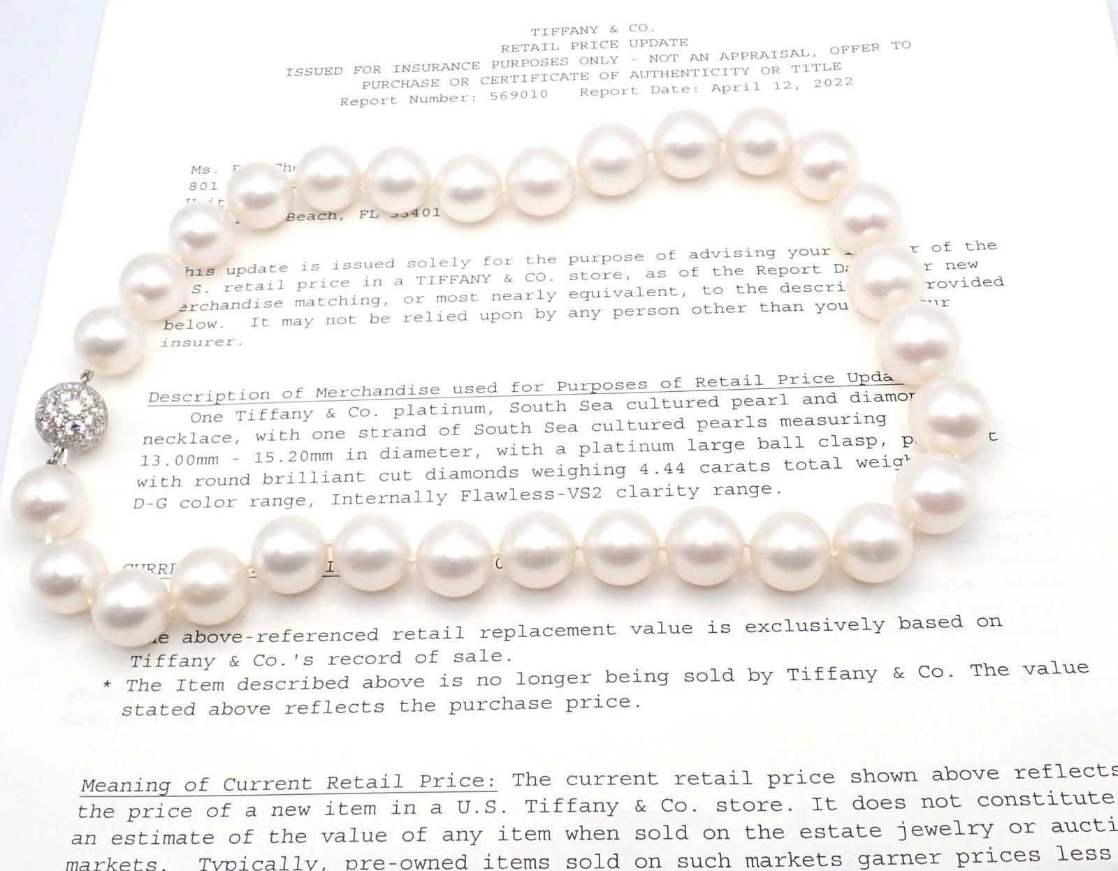 Authentic! Tiffany & Co Platinum Diamond South Sea Large Pearl Necklace Paper | Fortrove