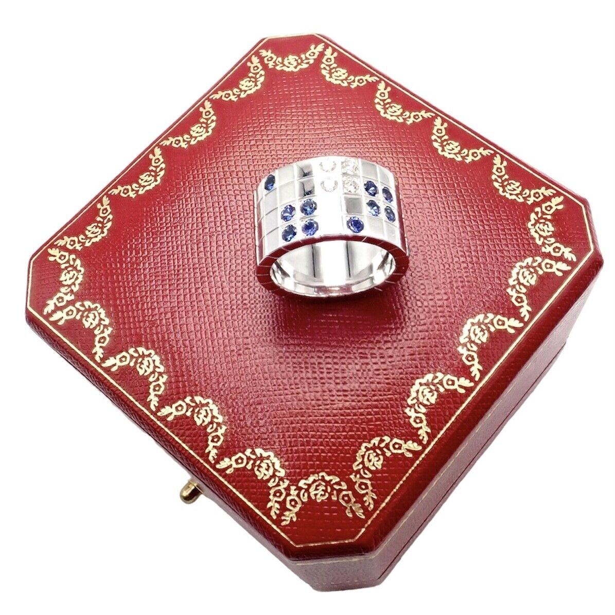 Cartier 18k White Gold Lanieres Diamond Blue Sapphire Wide Band Ring 53 6.5 | Fortrove