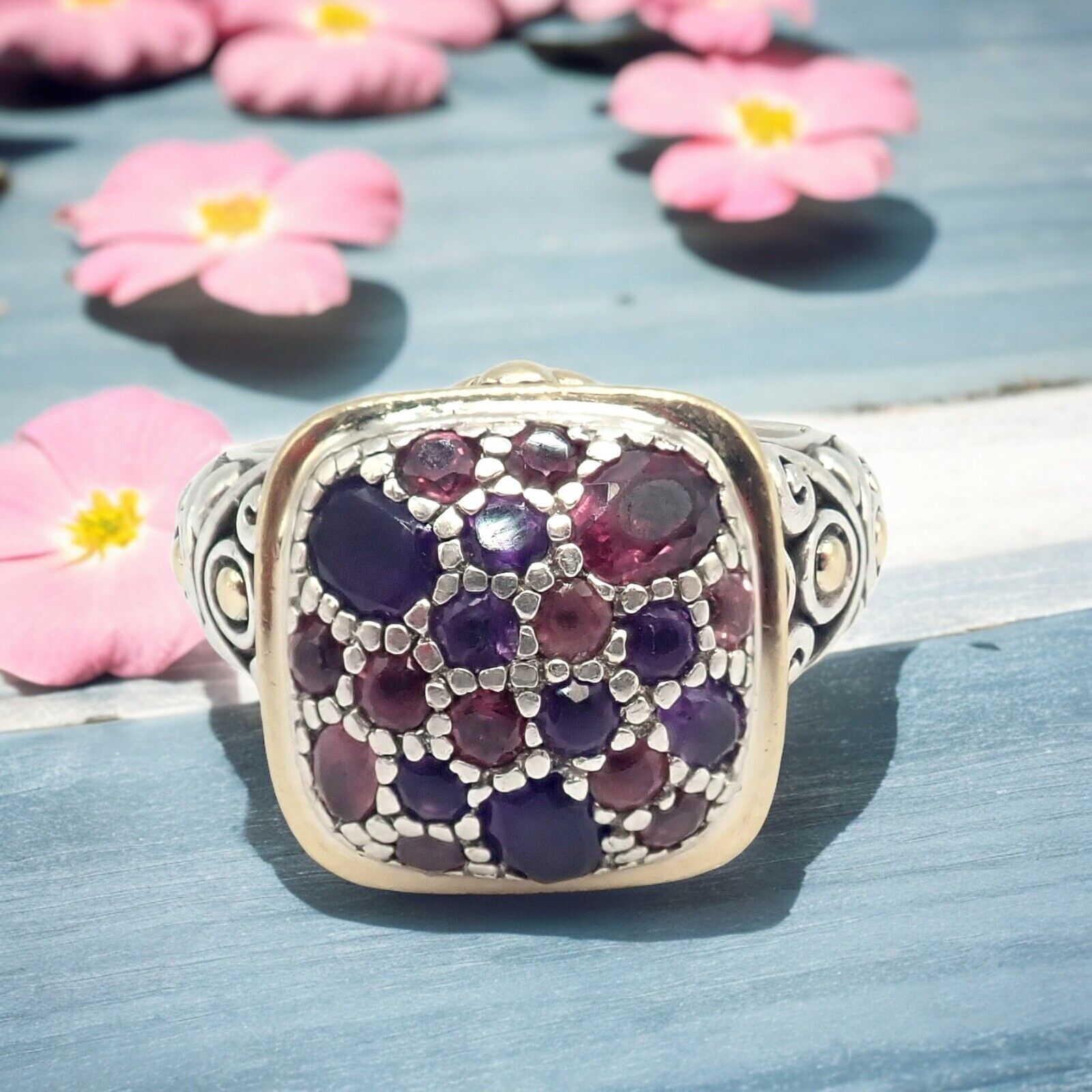 John Hardy JH Silver 18k Yellow Gold Classic Lava Fire Amethyst Tourmaline Ring | Fortrove