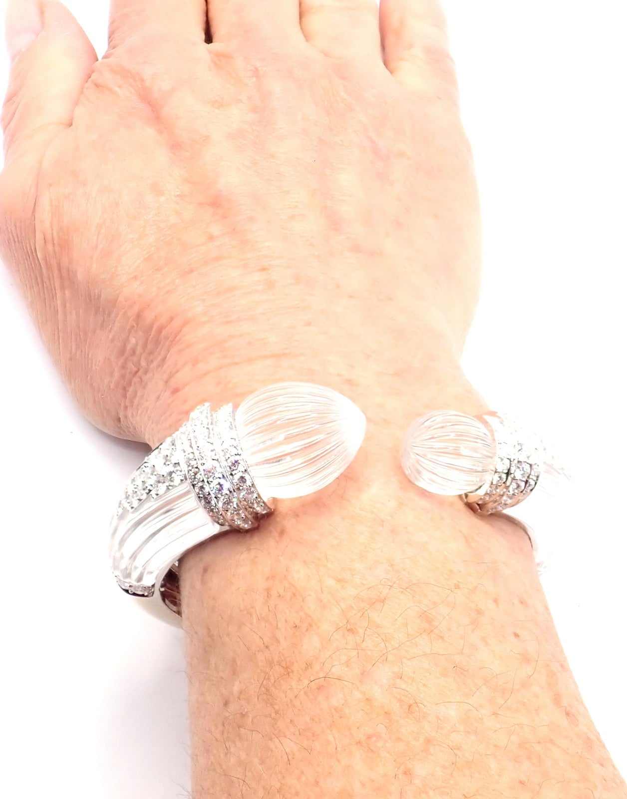 Authentic! David Webb 18k Gold & Platinum Diamond Rock Crystal Bangle Bracelet | Fortrove