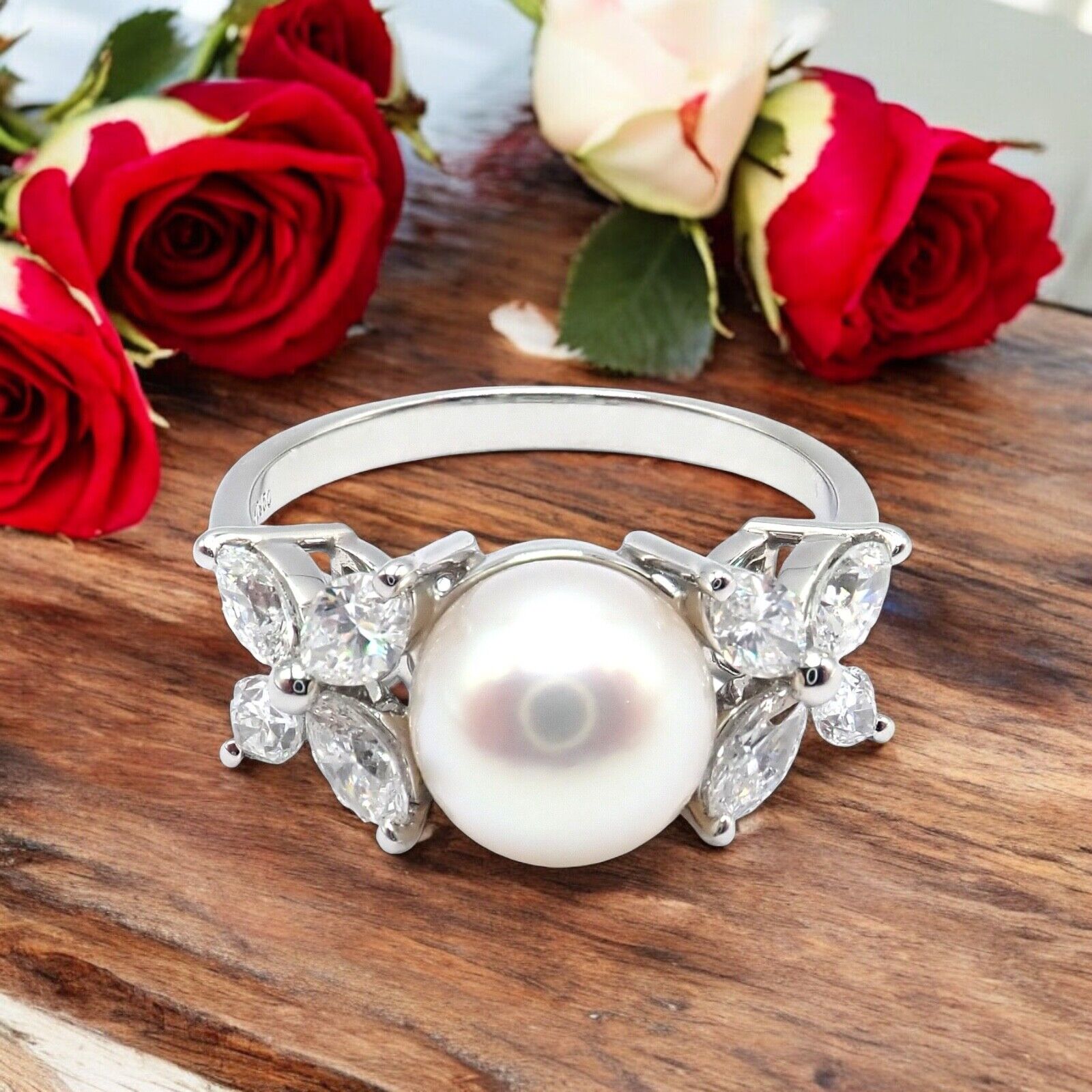 Authentic! Tiffany & Co Victoria Platinum Diamond 7.5mm Pearl Band Ring | Fortrove