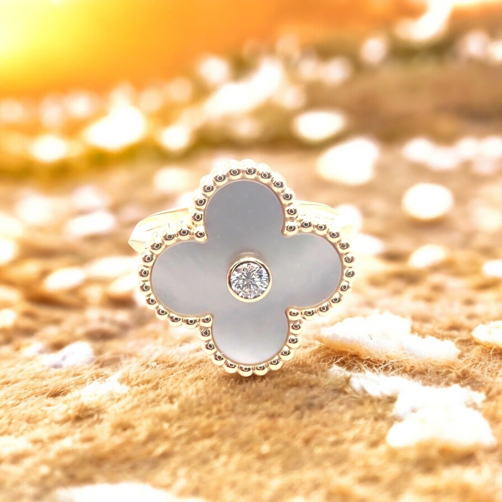 Van Cleef & Arpels Vintage Alhambra 18k Yellow Gold Mother Of Pearl Diamond Ring | Fortrove