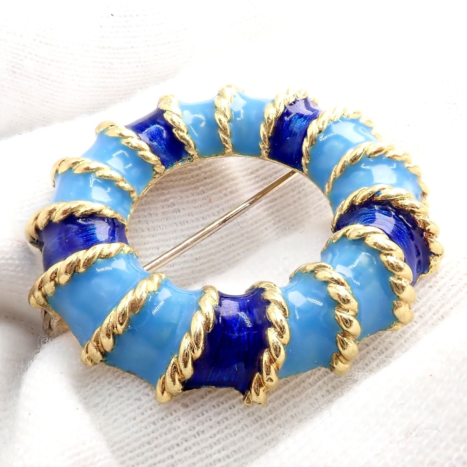 Rare! Vintage Tiffany & Co 18k Yellow Gold Blue Enamel Circle Rope Brooch Pin | Fortrove
