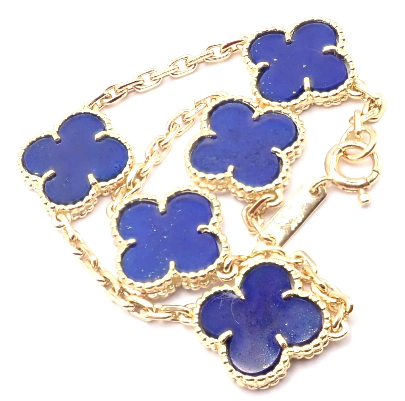Authentic! Van Cleef & Arpels 18k Gold 5 Motif Alhambra Lapis Bracelet Paper | Fortrove