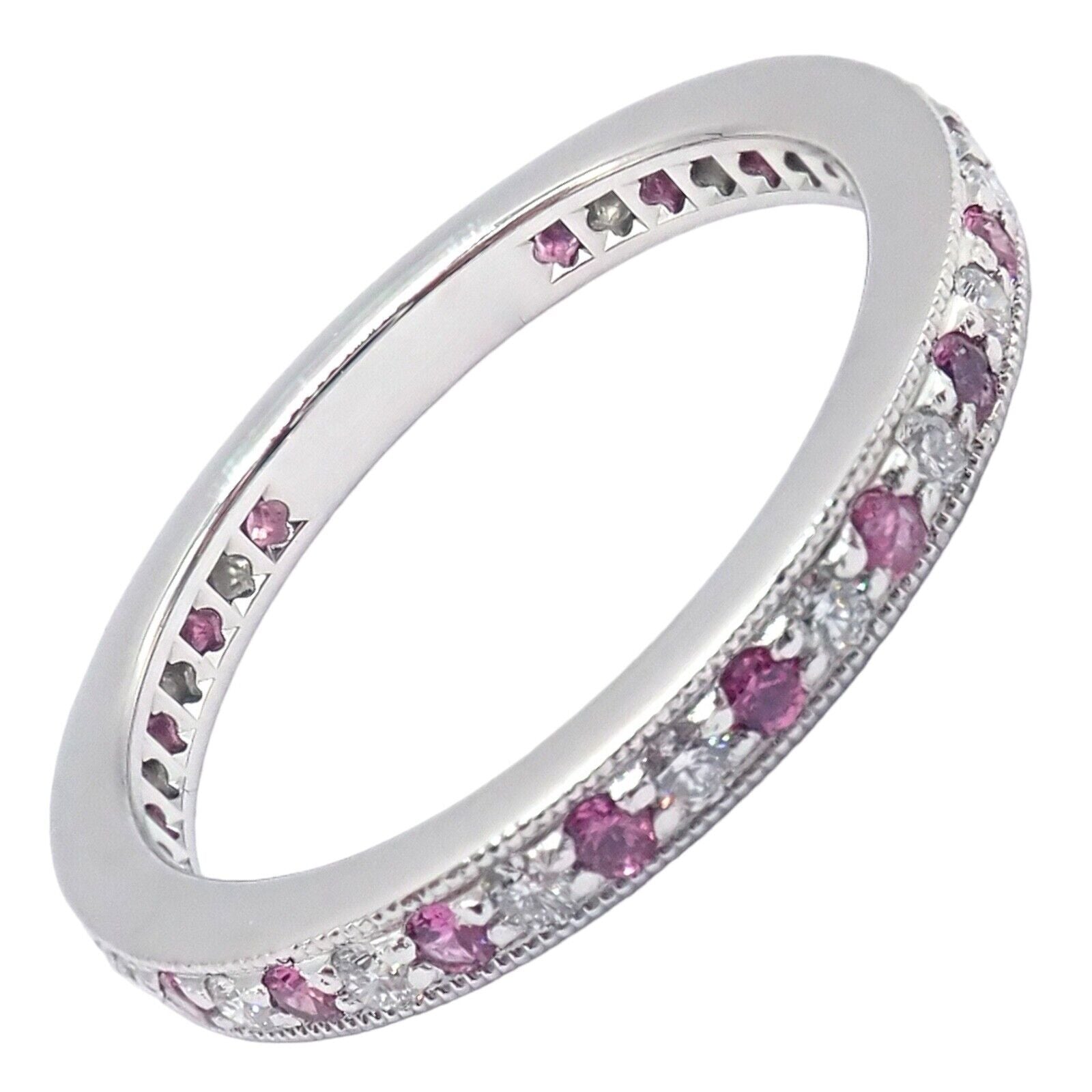 Tiffany & Co Platinum Diamond Pink Sapphire Milgrain 2.5mm Band Ring sz 5.75 | Fortrove