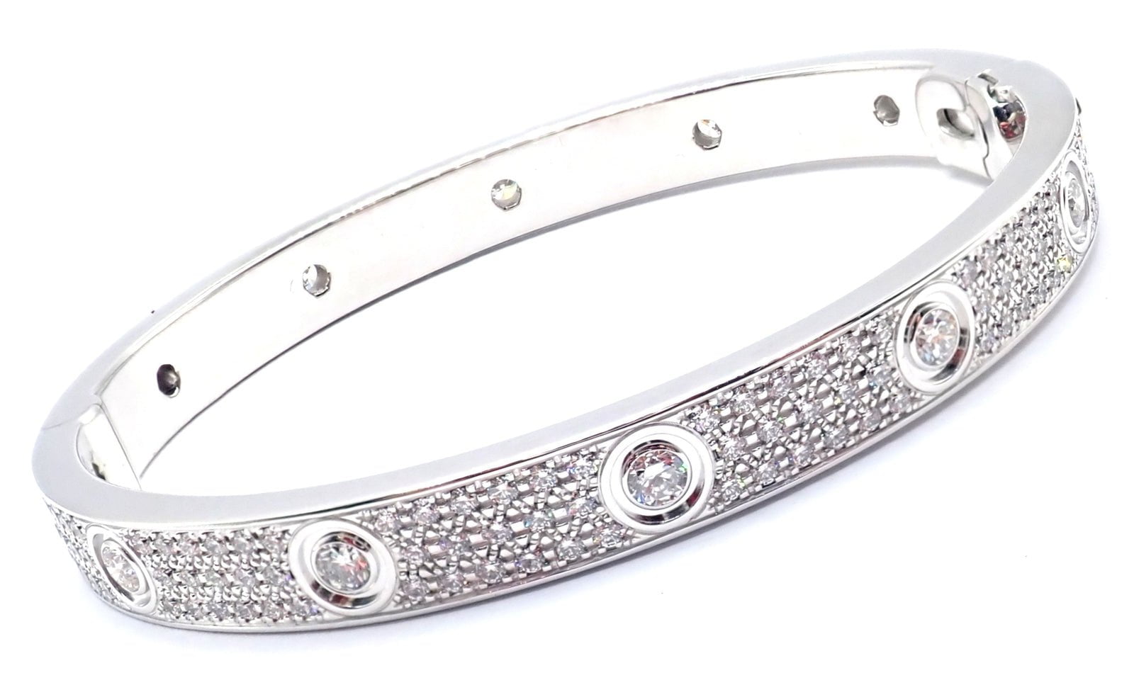 Authentic! Cartier Love 18k White Gold Diamond Pave Bangle Bracelet Sz 17 Paper | Fortrove