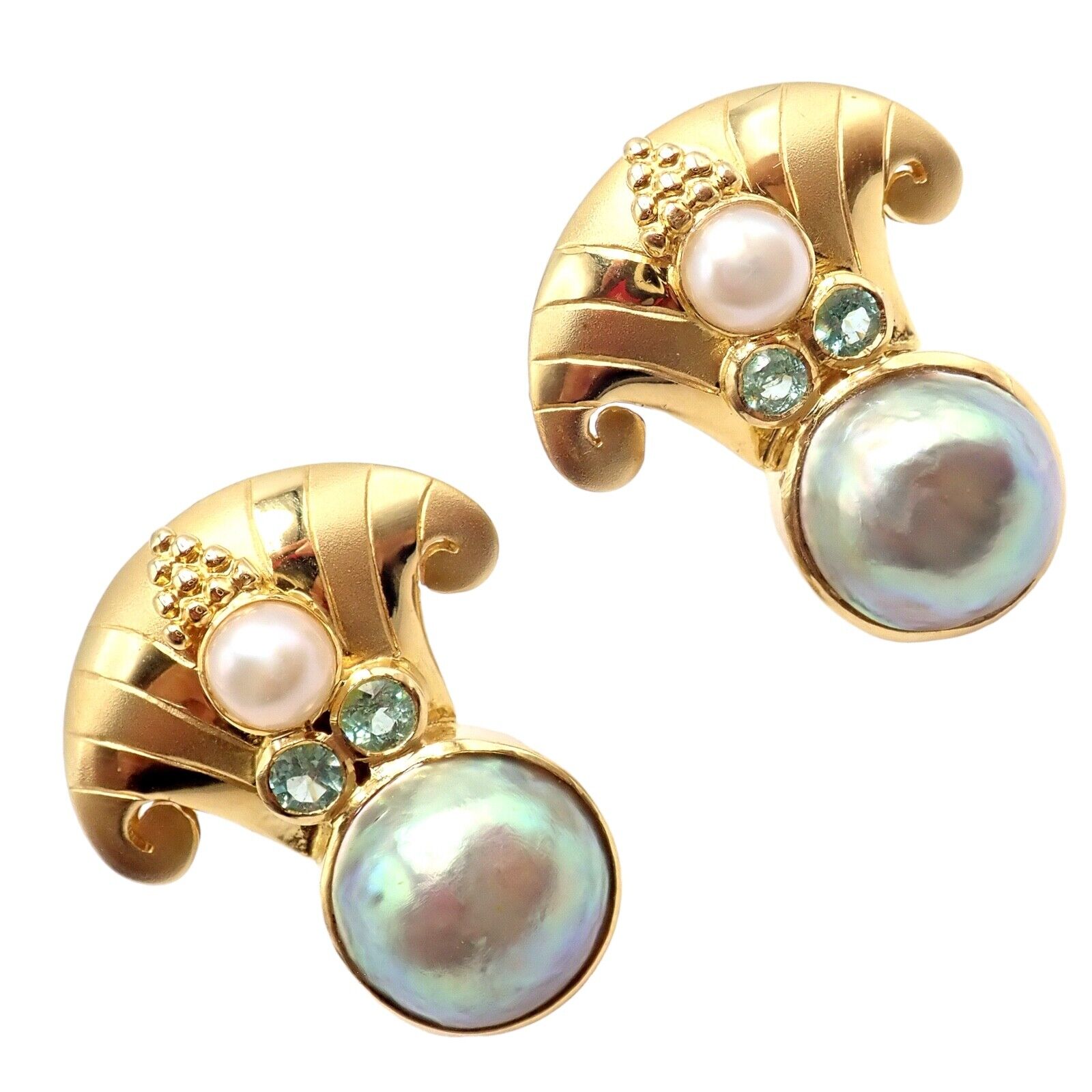 Rare! Vintage Paula Crevoshay 18k Gold Abalone Pearl Blue Gemstone Earrings OOAK | Fortrove