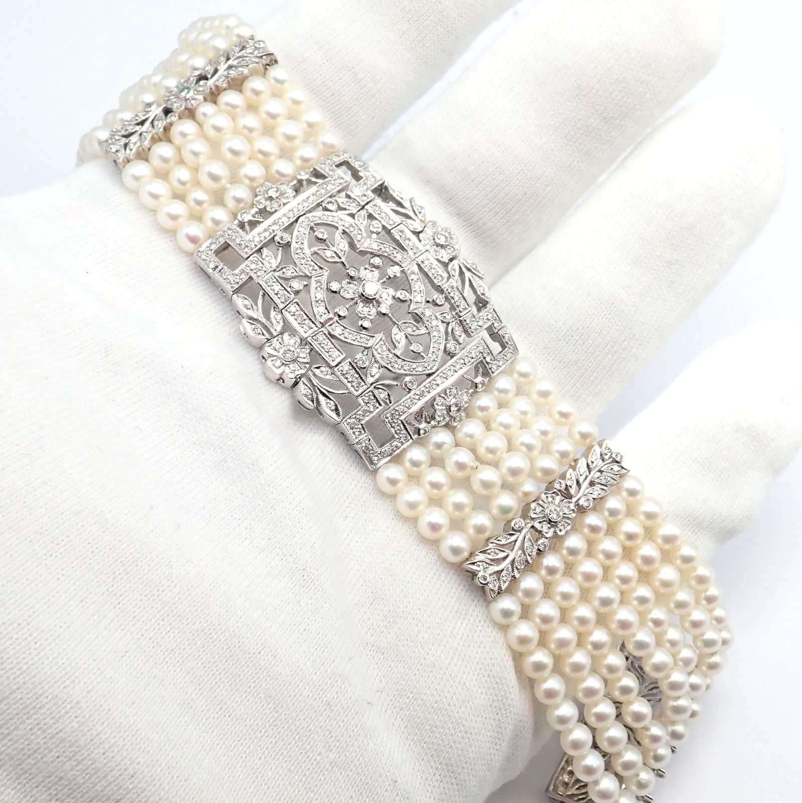 Estate Jewelry & Watches:Vintage & Antique Jewelry:Bracelets & Charms Vintage Estate 18k White Gold Diamond 7 Row 4.5mm Pearl Bracelet