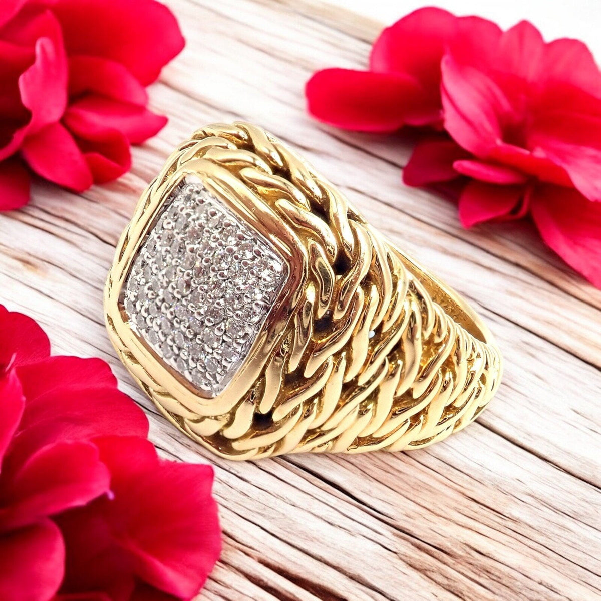 John Hardy Jewelry & Watches:Fine Jewelry:Rings Authentic! John Hardy JH 18k Yellow Gold Diamond Square Signet Signature Ring