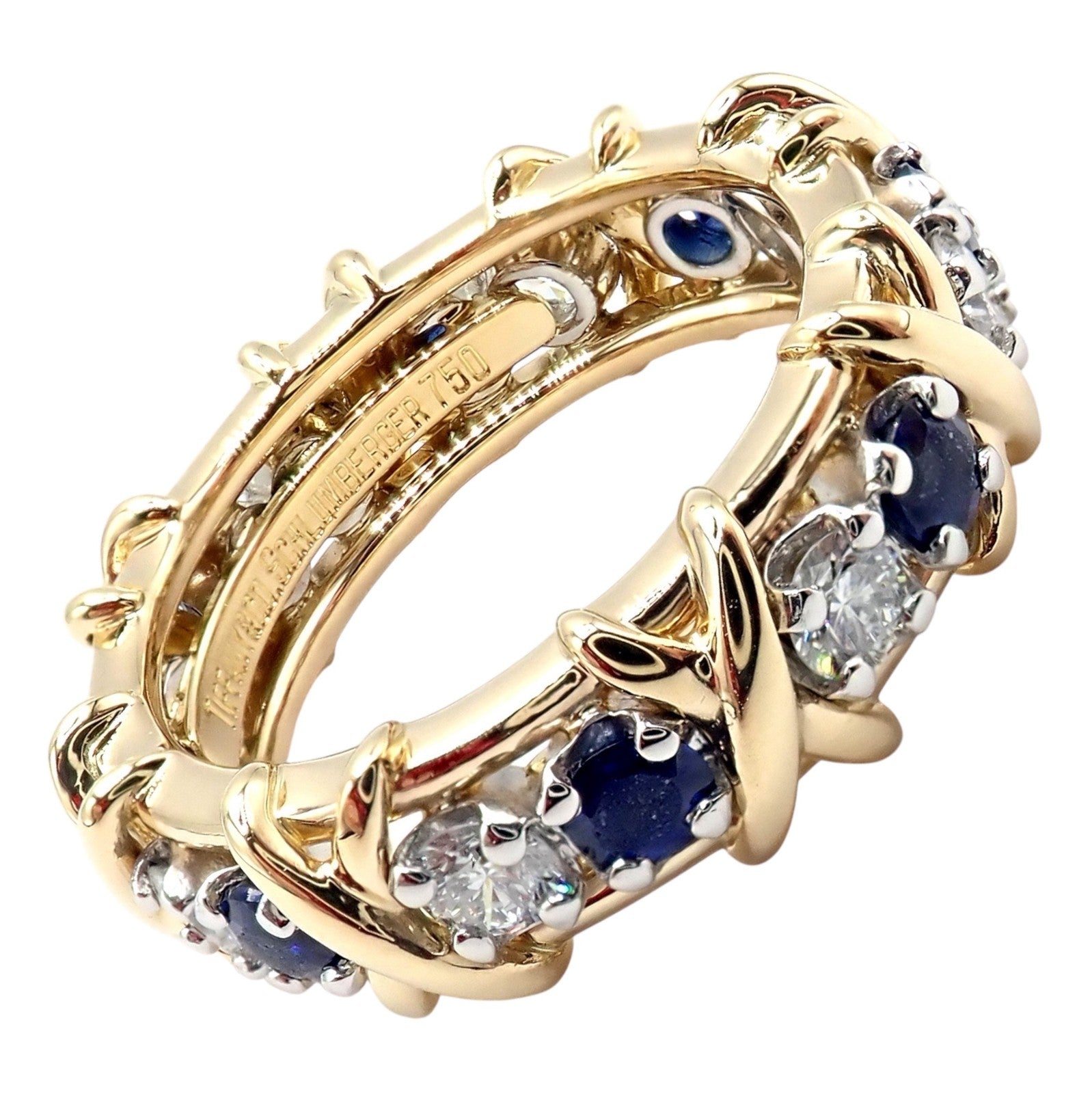 Tiffany & Co Schlumberger 18k Gold Platinum 16 Stone Diamond Sapphire Band Ring | Fortrove