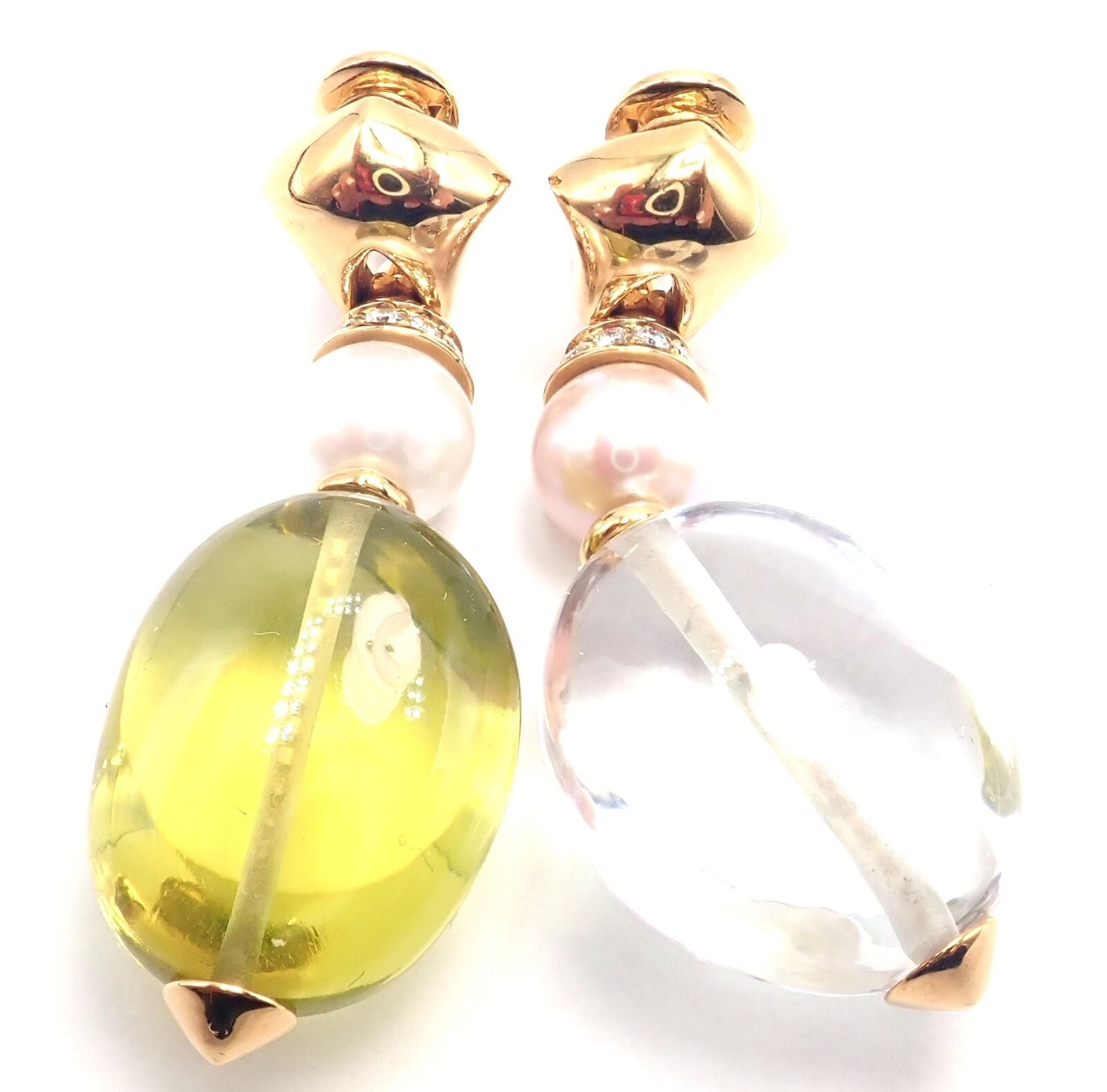 Authentic! Bulgari Bvlgari 18k Gold Diamond Pearl Peridot Crystal Drop Earrings | Fortrove