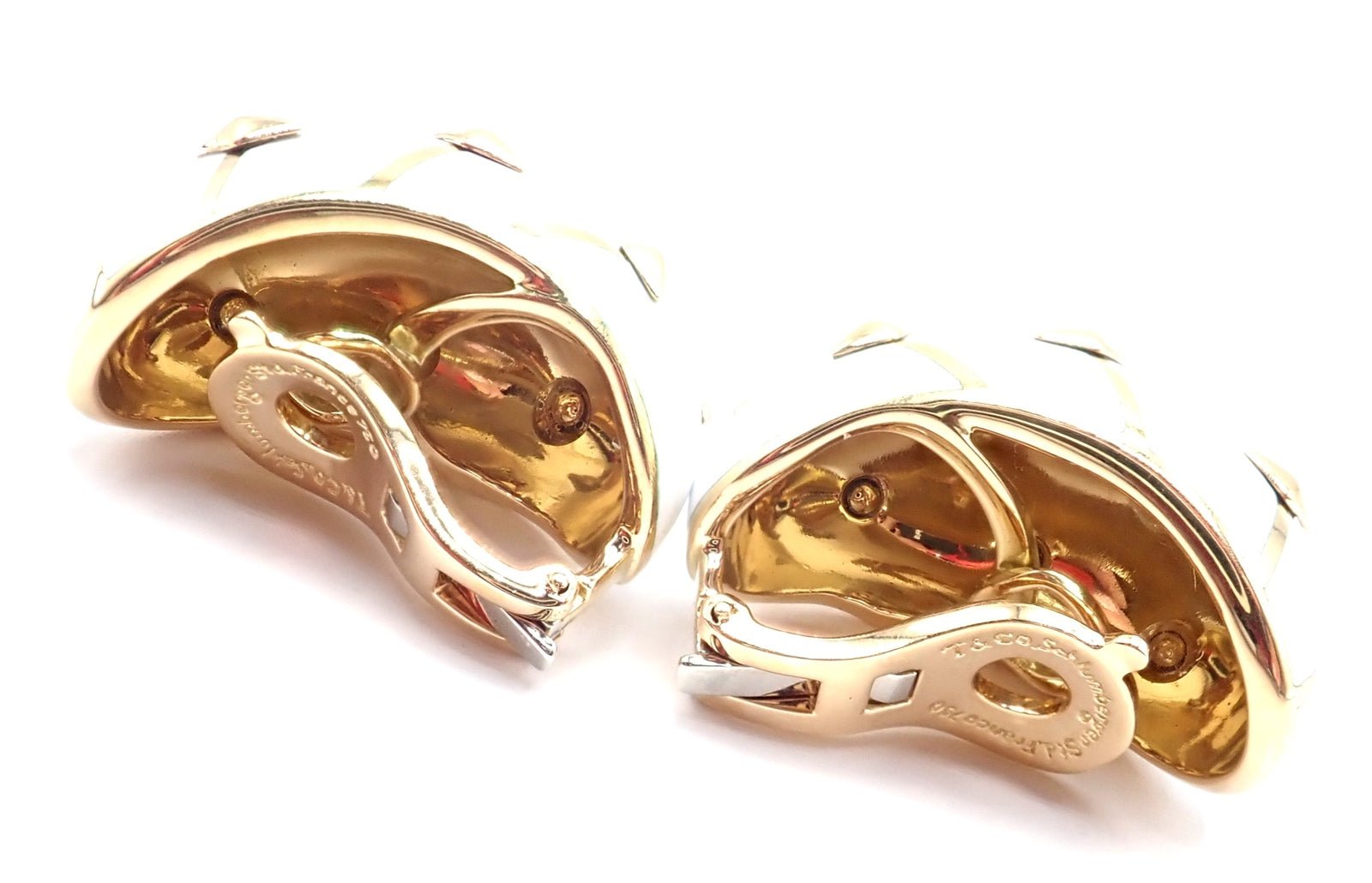 Tiffany & Co Schlumberger Dot Losange 18k Yellow Gold White Enamel Hoop Earrings | Fortrove