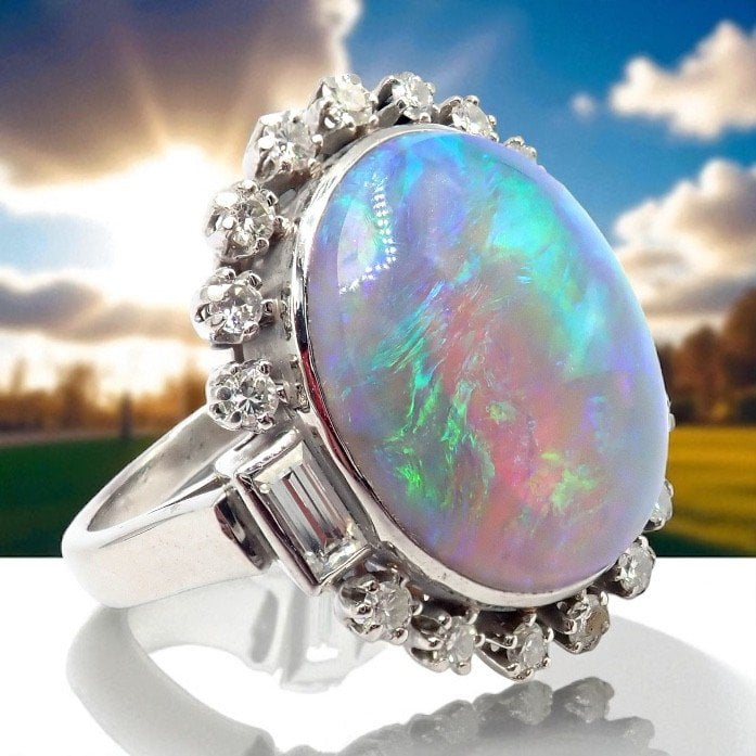 Estate Jewelry & Watches:Vintage & Antique Jewelry:Rings Antique Vintage Estate Palladium Diamond Opal Ring