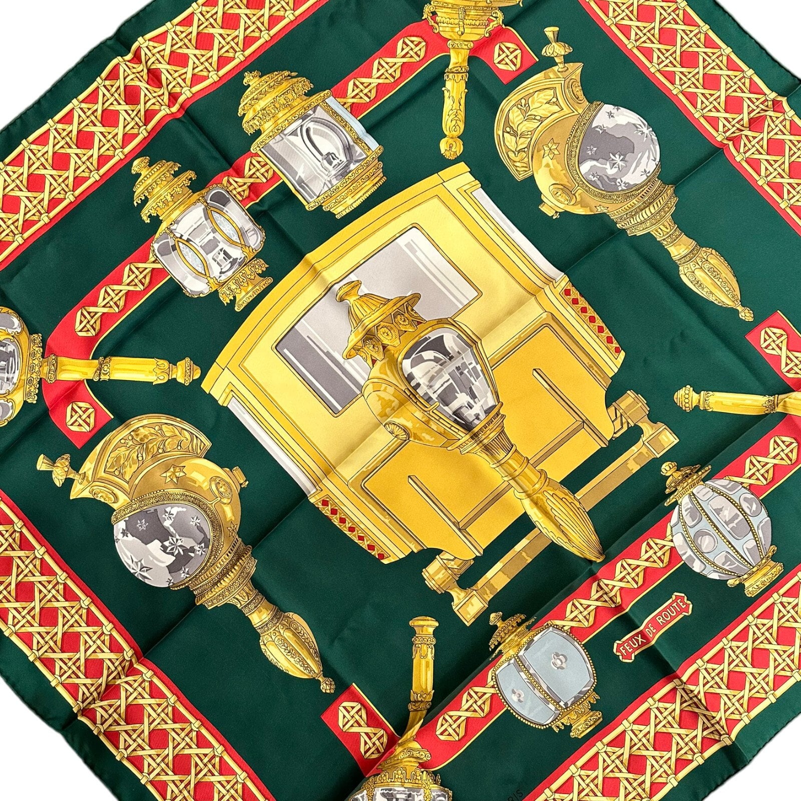 Hermes Clothing, Shoes & Accessories:Women:Women's Accessories:Scarves & Wraps Authentic RARE! Hermes Feux De Route Vintage 90cm Green Red Silk Scarf
