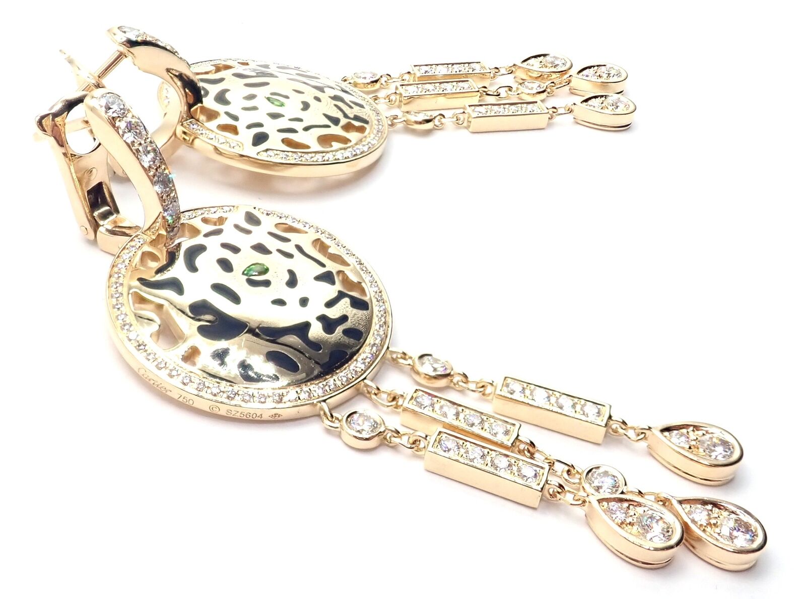 Authentic! Cartier Panther 18k Yellow Gold Diamond Lacquer Tsavorite Earrings | Fortrove