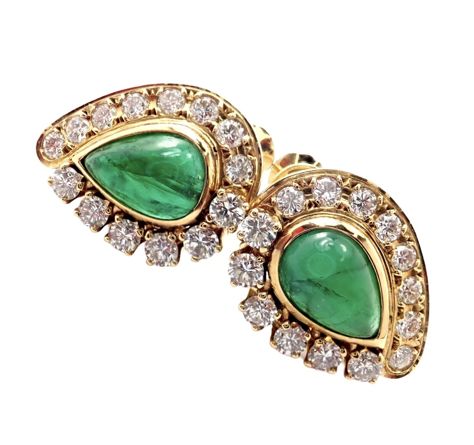 Authentic! Mikimoto 18k Yellow Gold Diamond Teardrop Emerald Screw Back Earrings | Fortrove