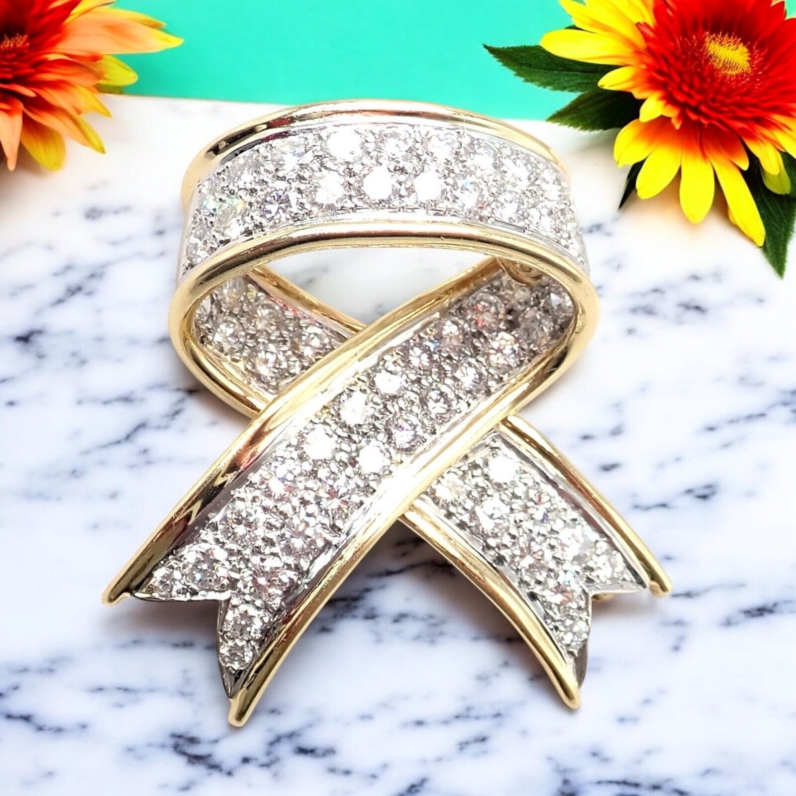 Vintage! Tiffany & Co 18k Yellow Gold Platinum Diamond Ribbon Bow Pin Brooch | Fortrove