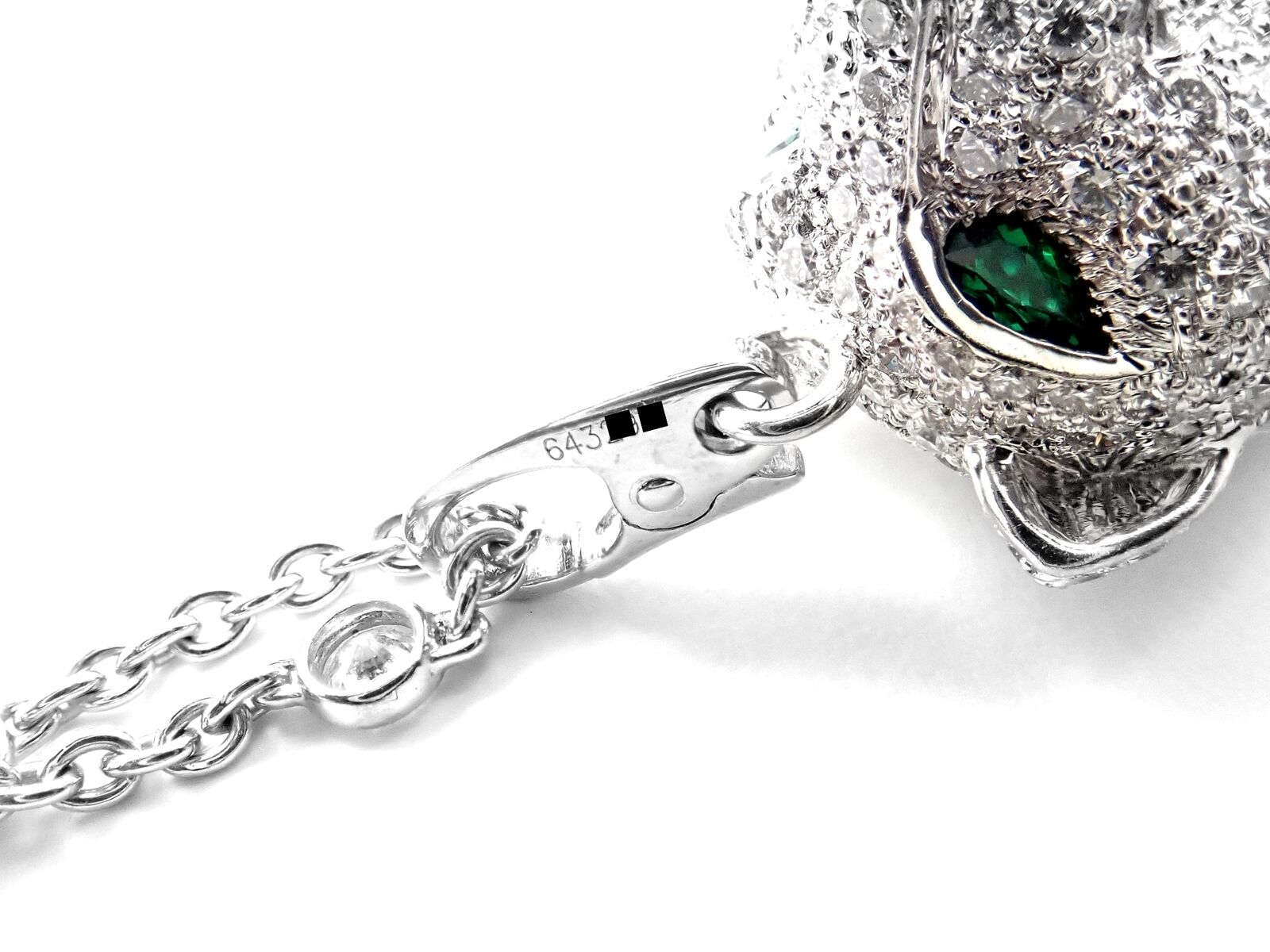Authentic! Cartier Panther 18k White Gold Diamond Emerald Onyx Pendant Necklace | Fortrove