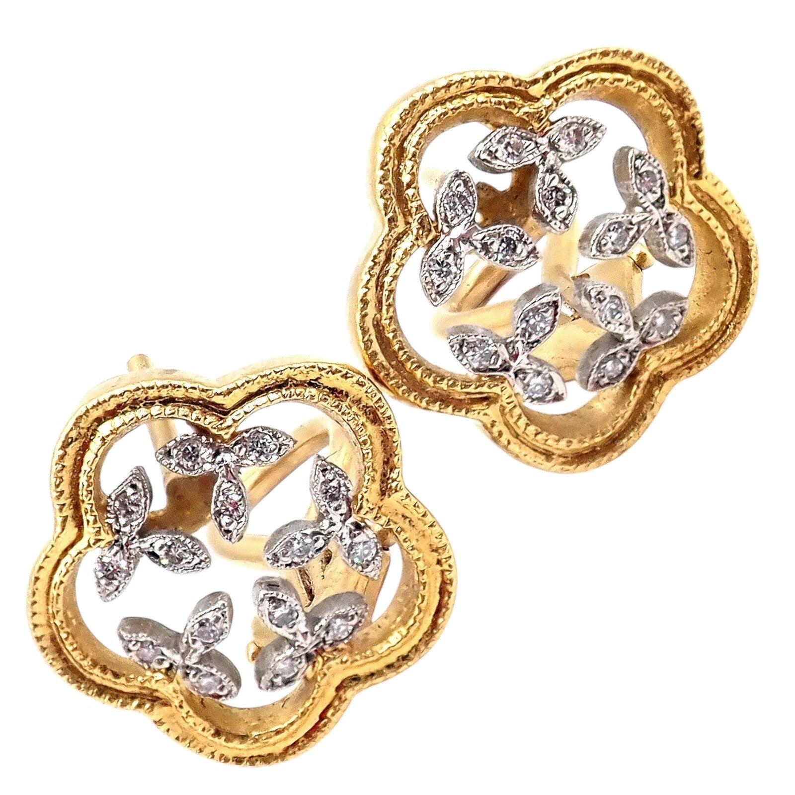 Authentic! Cathy Waterman 22k Yellow Gold Platinum Diamond Vine Flower Earrings | Fortrove