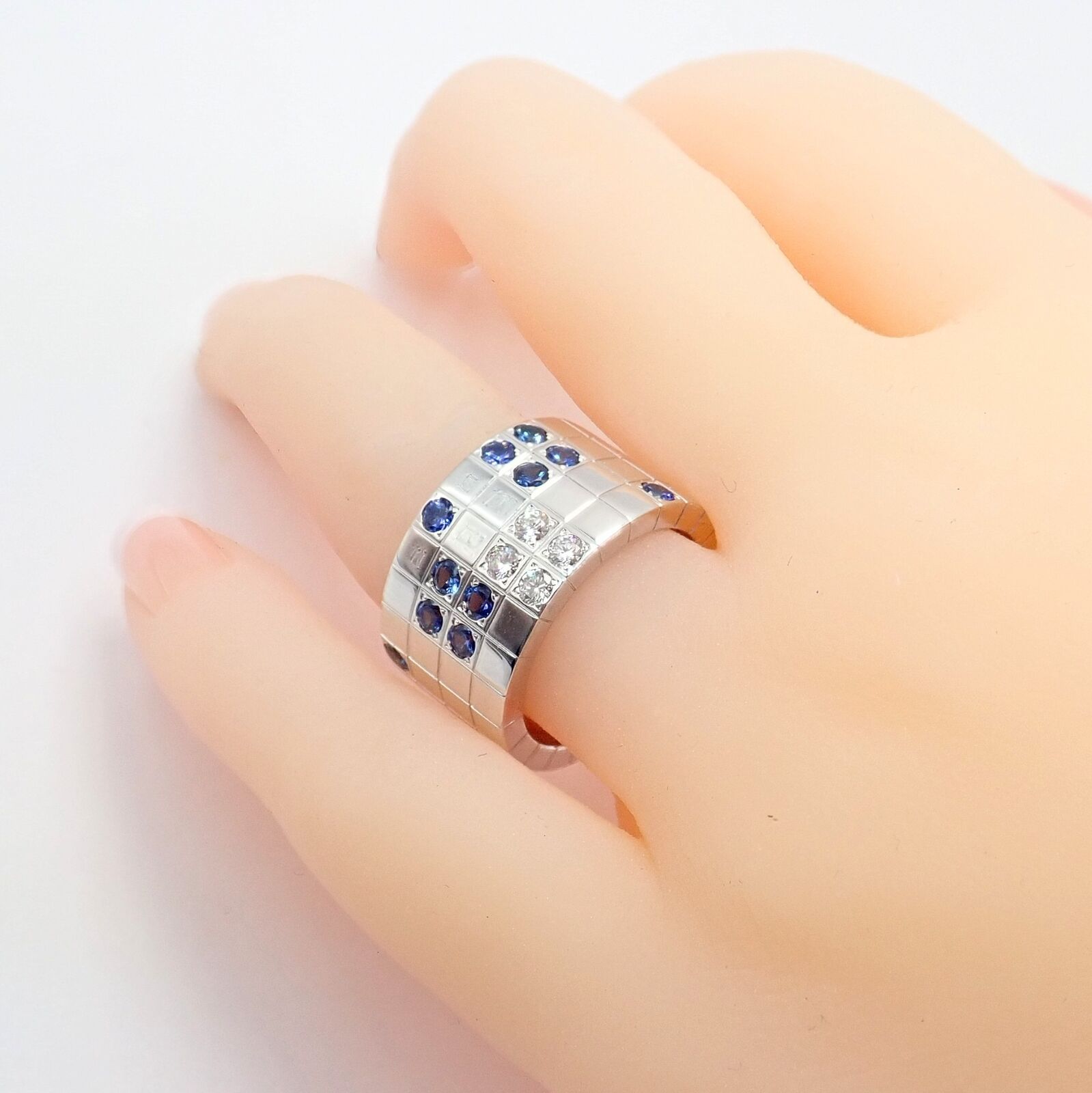 Cartier 18k White Gold Lanieres Diamond Blue Sapphire Wide Band Ring 53 6.5 | Fortrove