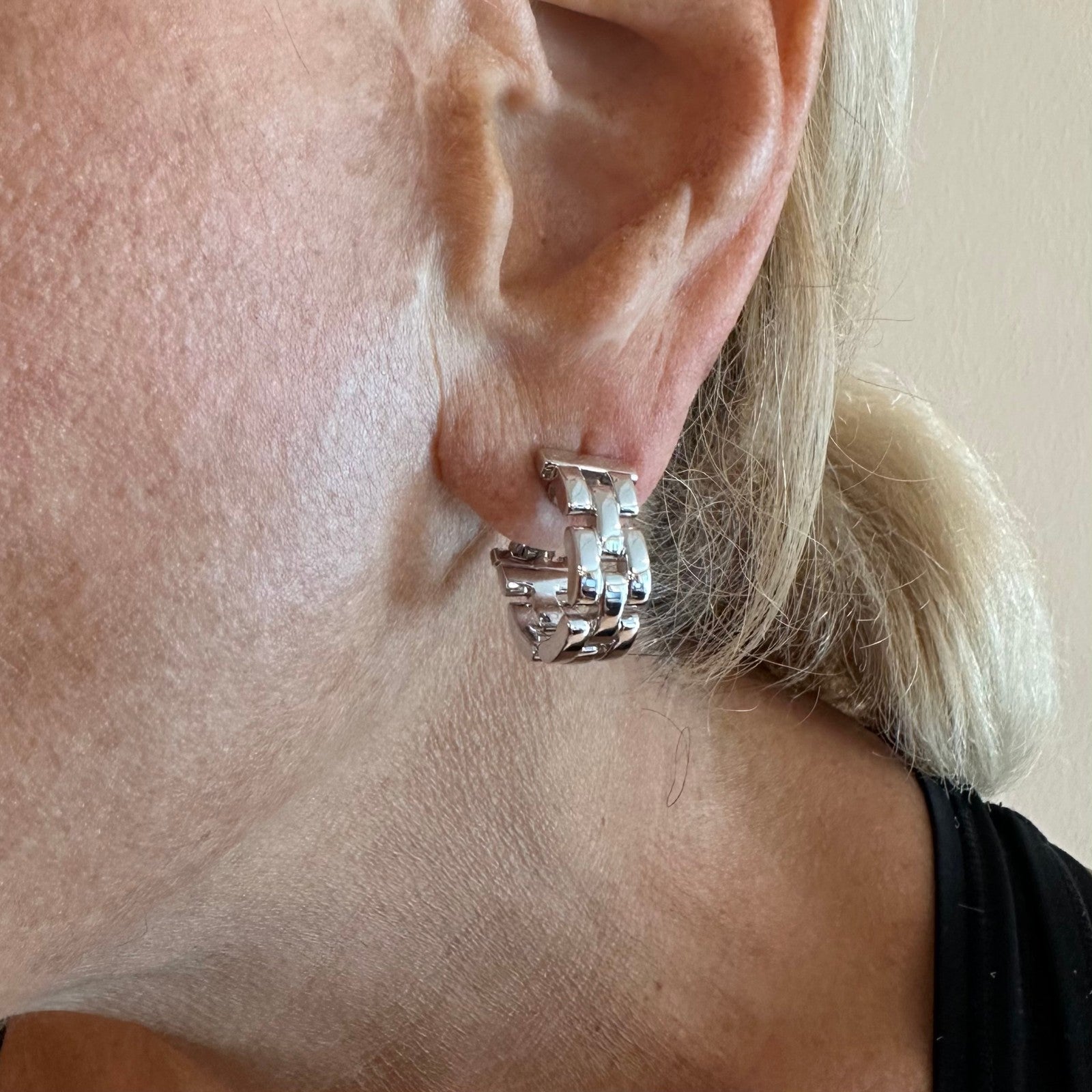 Authentic! Cartier Maillon Panthere 18K White Gold Three Row Link Hoop Earrings | Fortrove