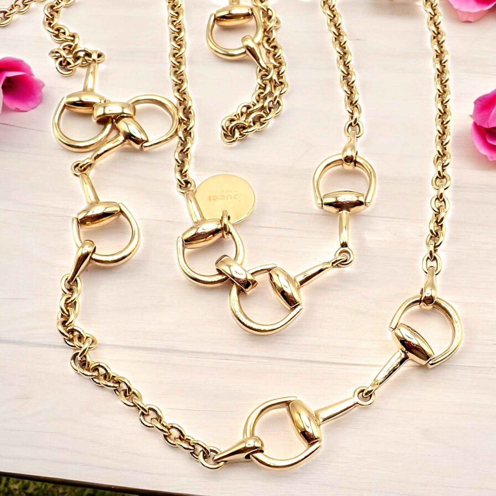 Rare! Authentic Gucci 18k Yellow Gold Horsebit 34.5" Long Chain Sautoir Necklace | Fortrove