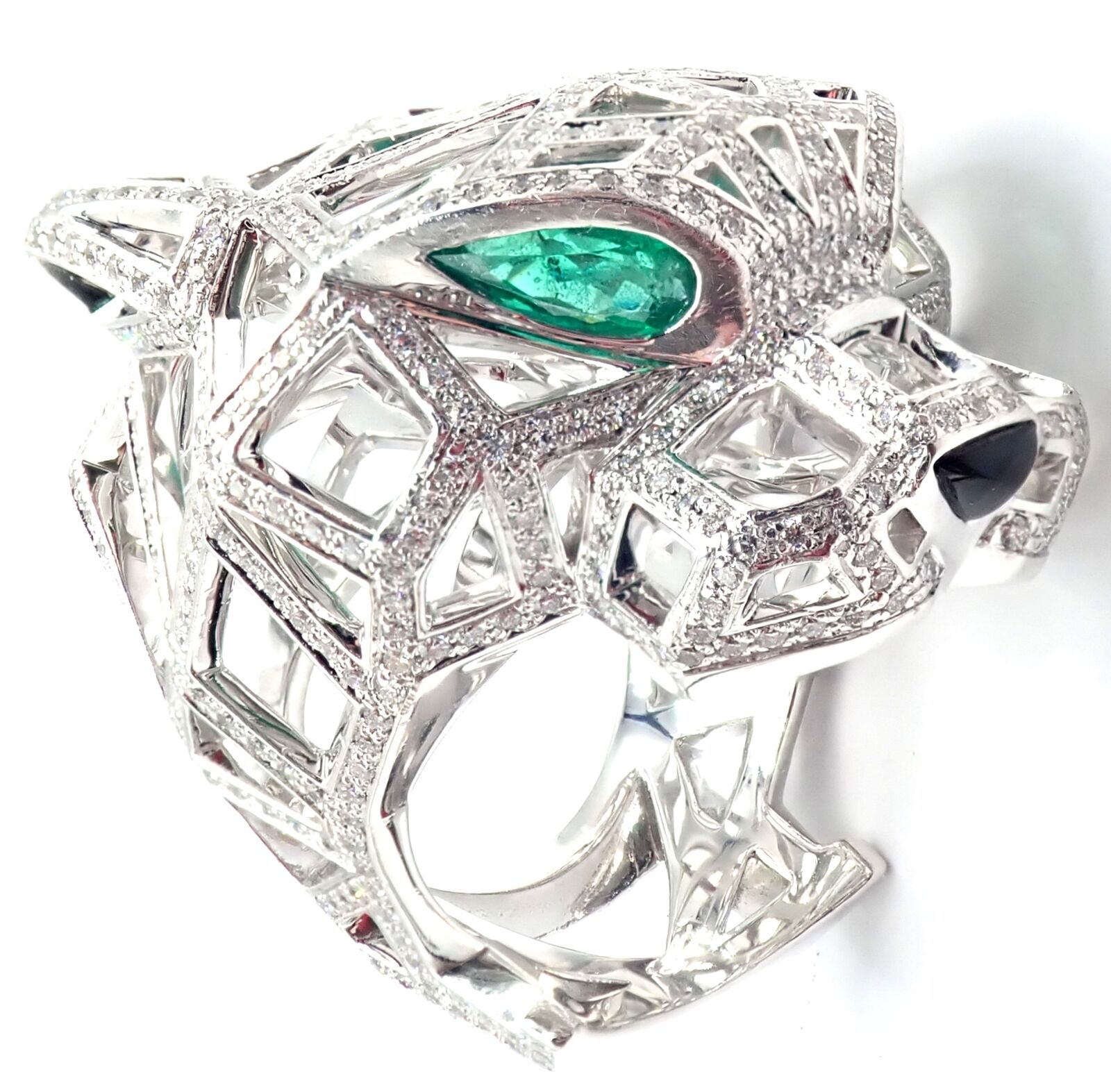 Cartier Panther Panthere 18k White Gold Emerald Diamond Paved Large Ring Size 54 | Fortrove