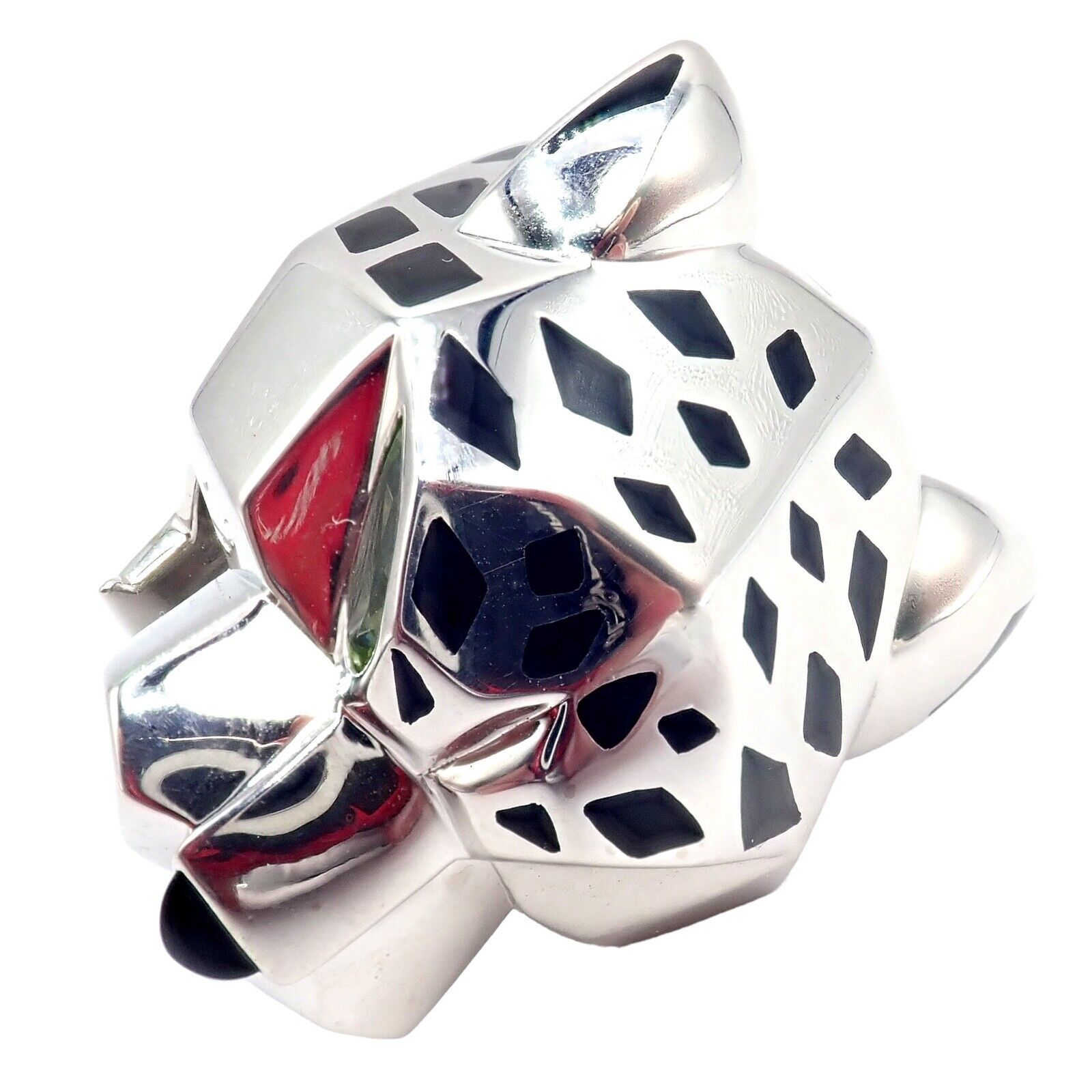 Cartier Panther Panthere 18k White Gold Peridot Onyx Lacquer Large Ring Cert | Fortrove