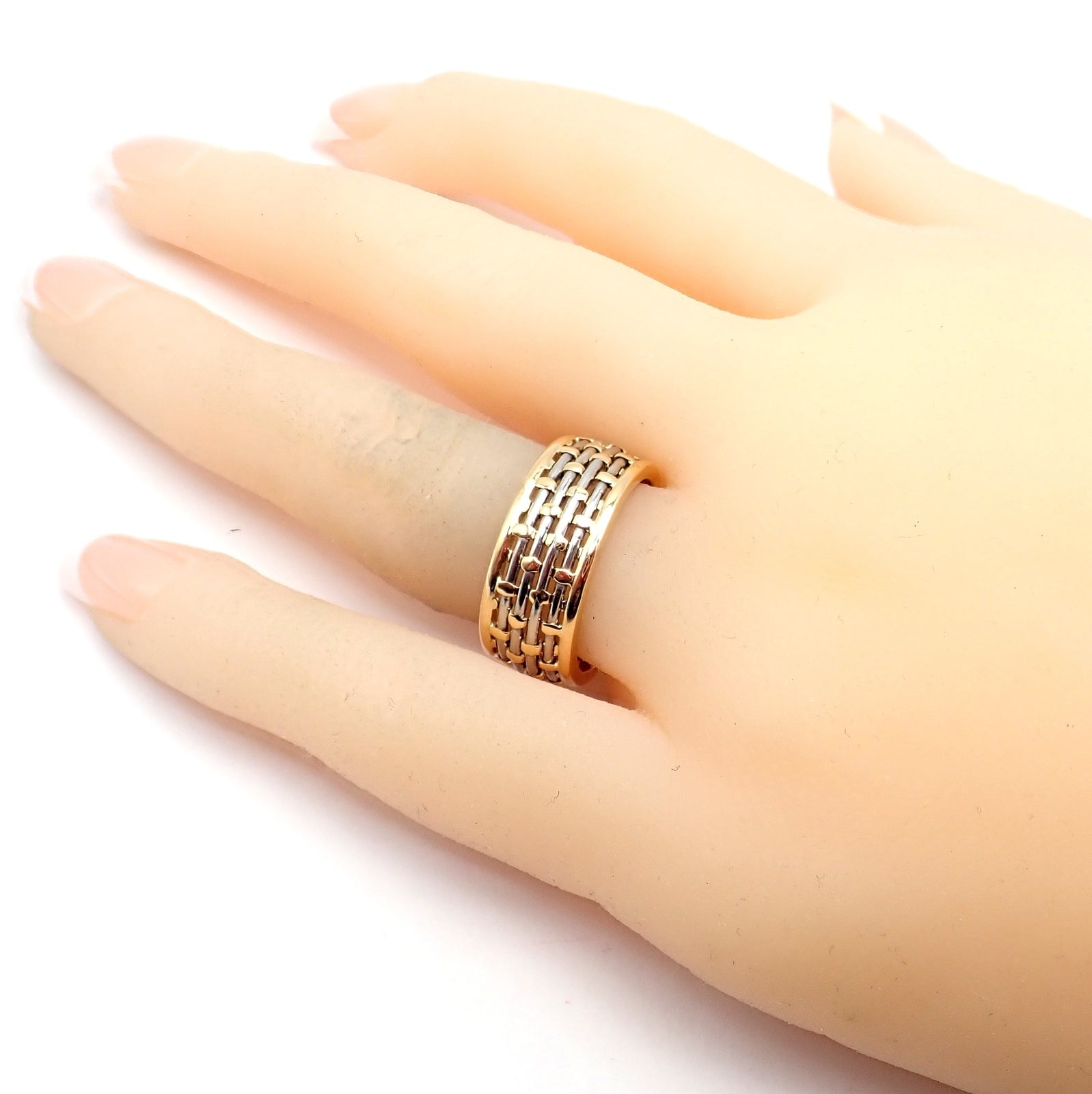 Authentic! Cartier 18k Yellow Gold + SS Basket Weave Ring + Earrings Set | Fortrove