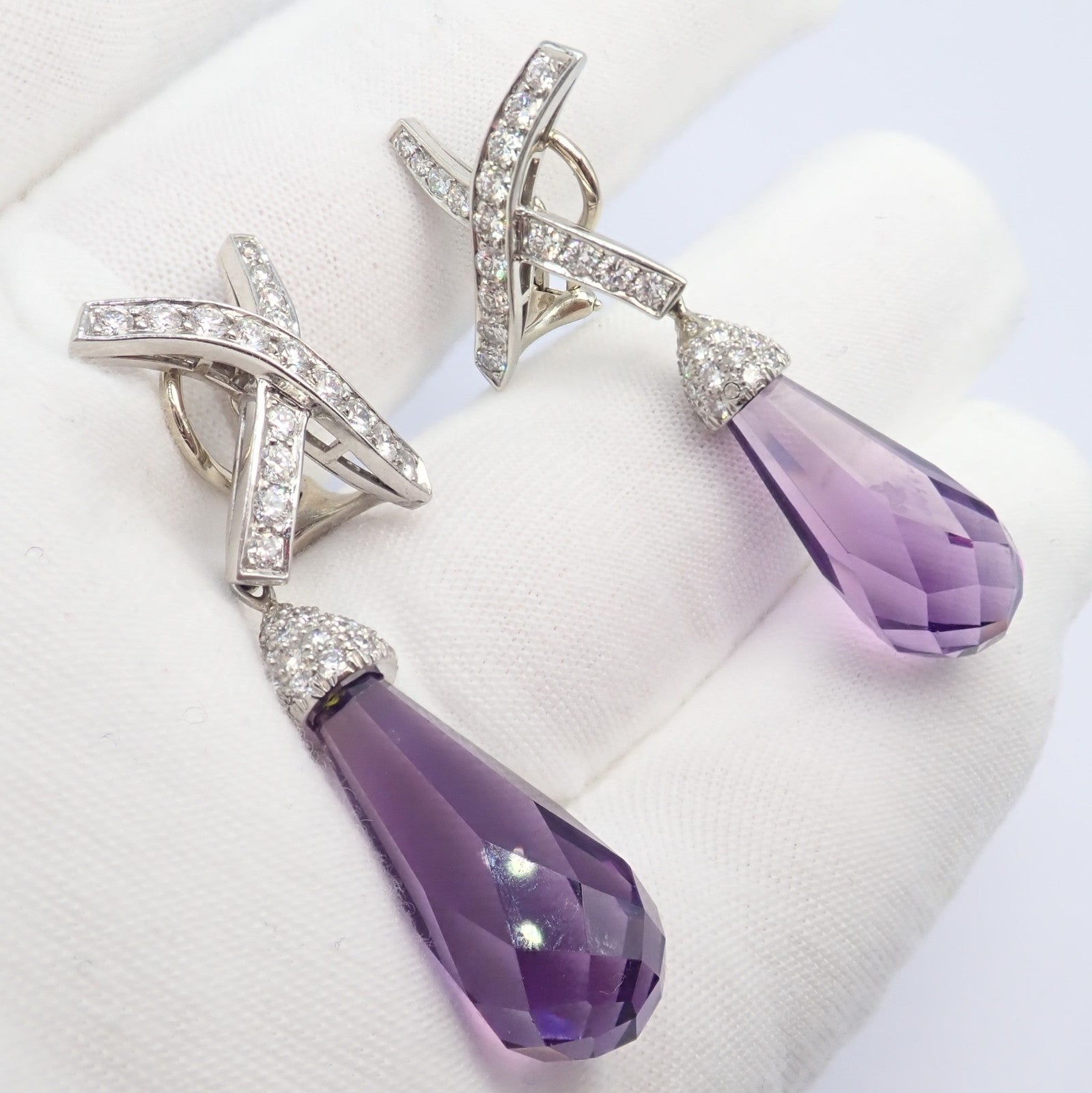 Tiffany & Co Picasso Platinum X Drop Diamond Amethyst Night + Day Earrings 1985 | Fortrove