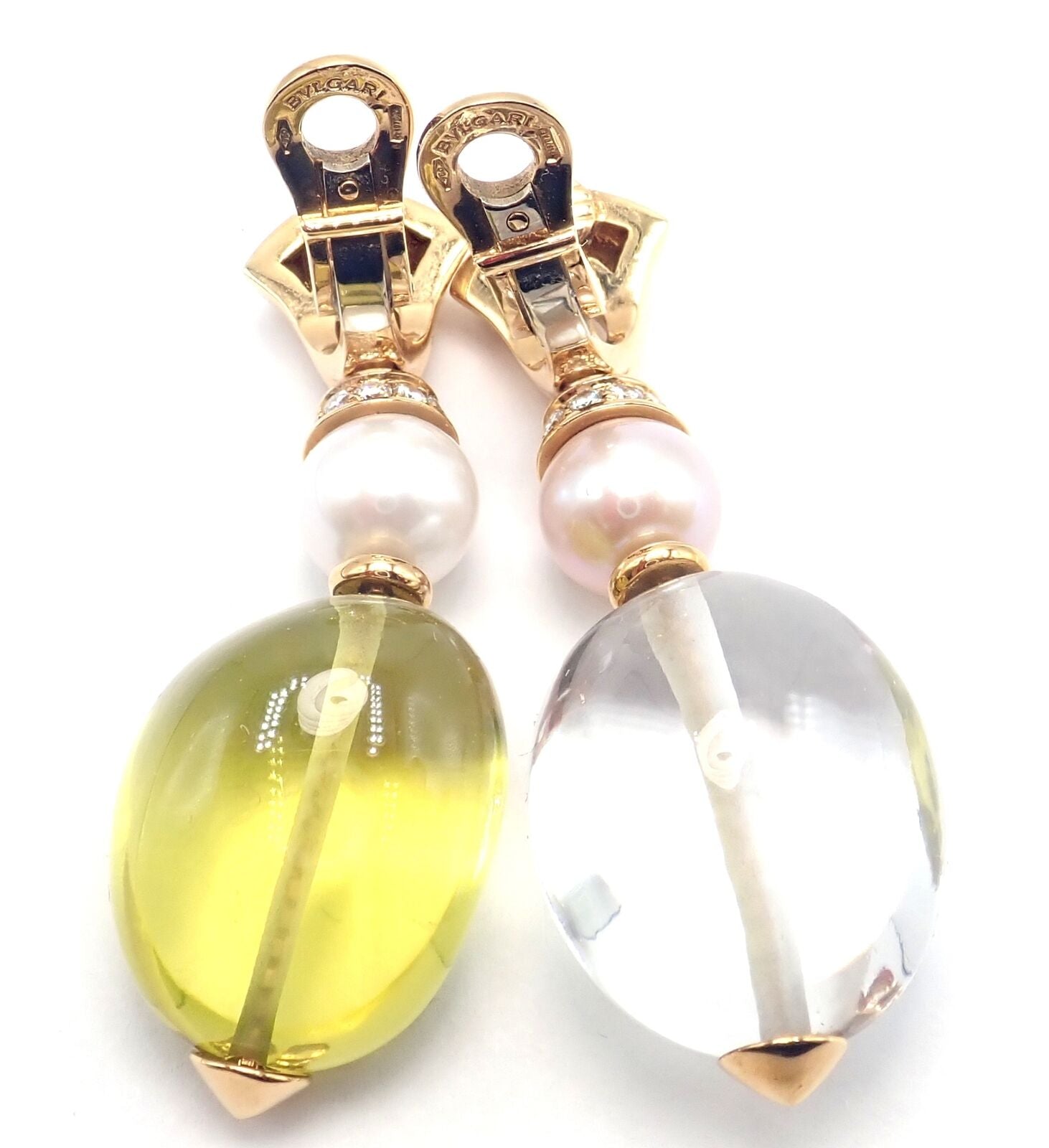 Authentic! Bulgari Bvlgari 18k Gold Diamond Pearl Peridot Crystal Drop Earrings | Fortrove