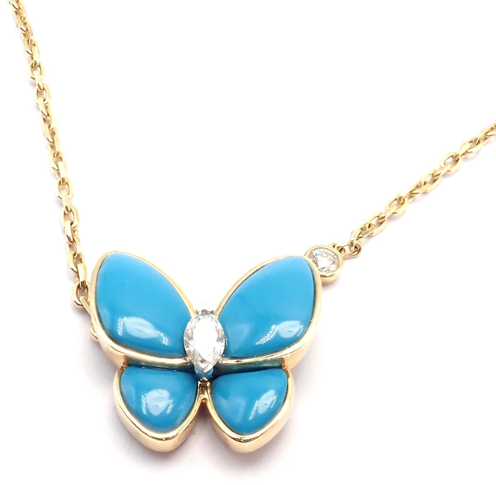 Van Cleef & Arpels 18k Gold Diamond Turquoise Butterfly Pendant Necklace Cert. | Fortrove