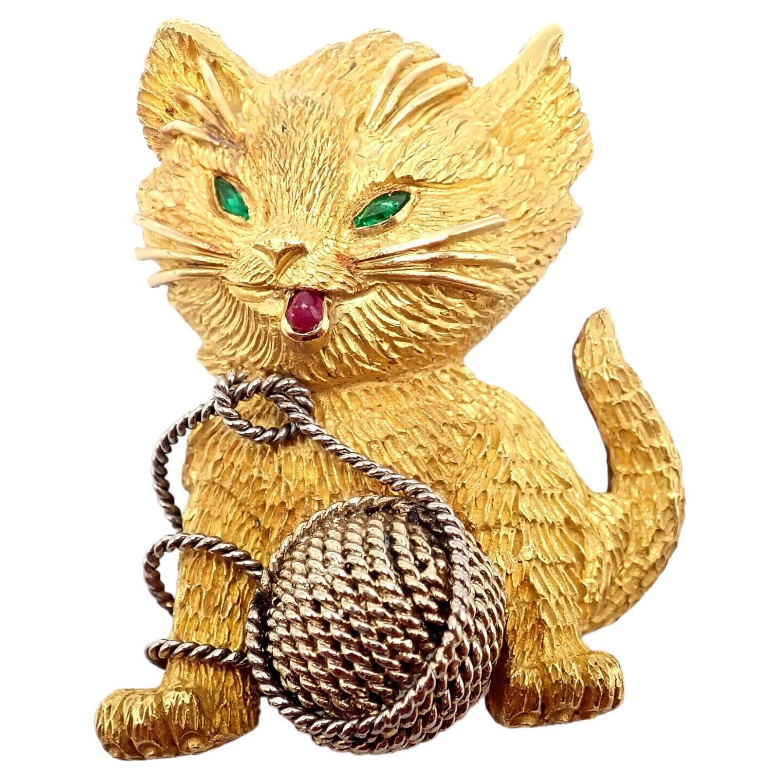 Vintage! Tiffany & Co. France 20k Yellow Gold Ruby Emerald Cat Yarn Pin Brooch | Fortrove